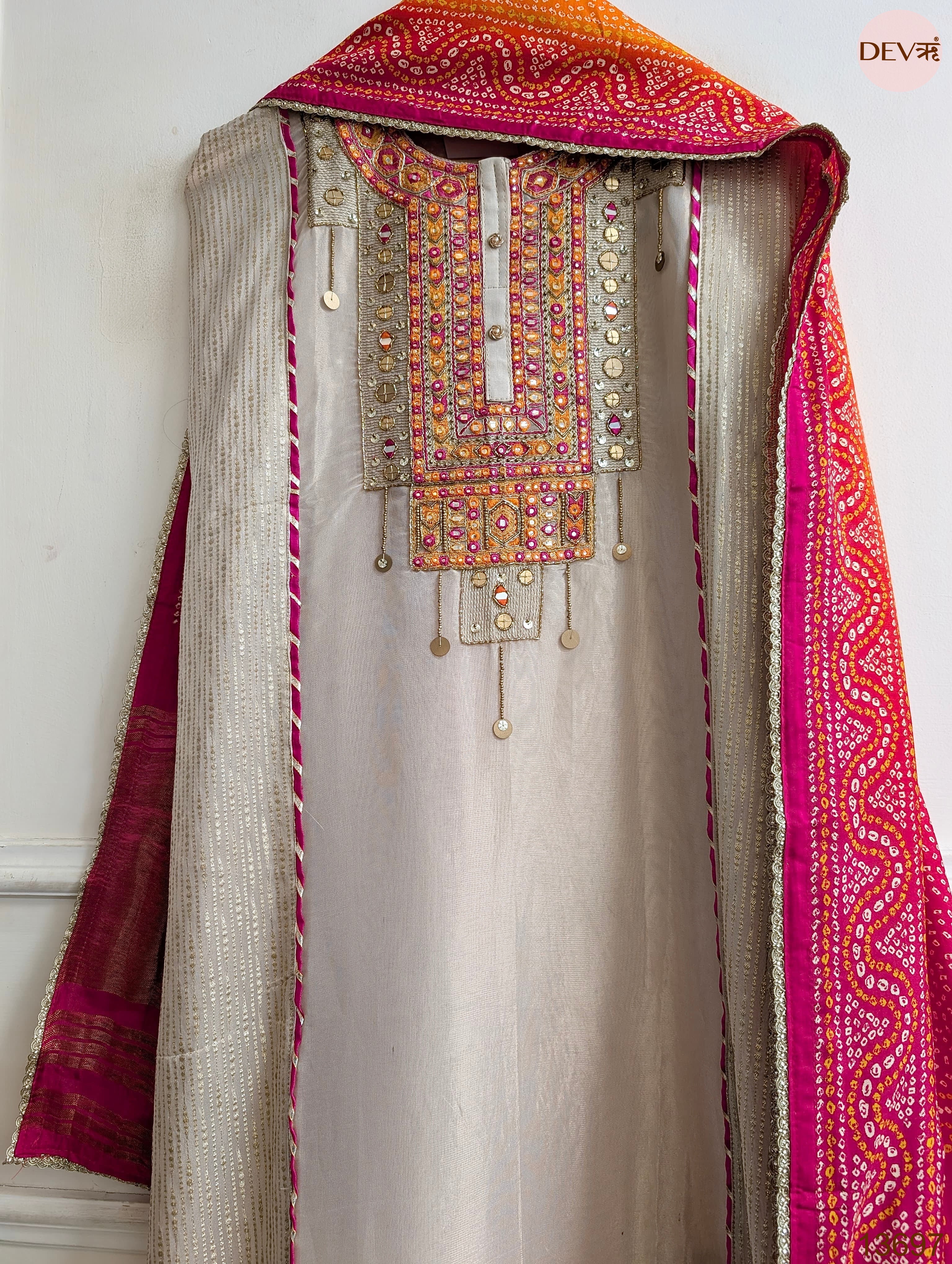 Beige Tissue Silk Hand Unstitched 3-Piece Suit (Devri – D.No 13697)