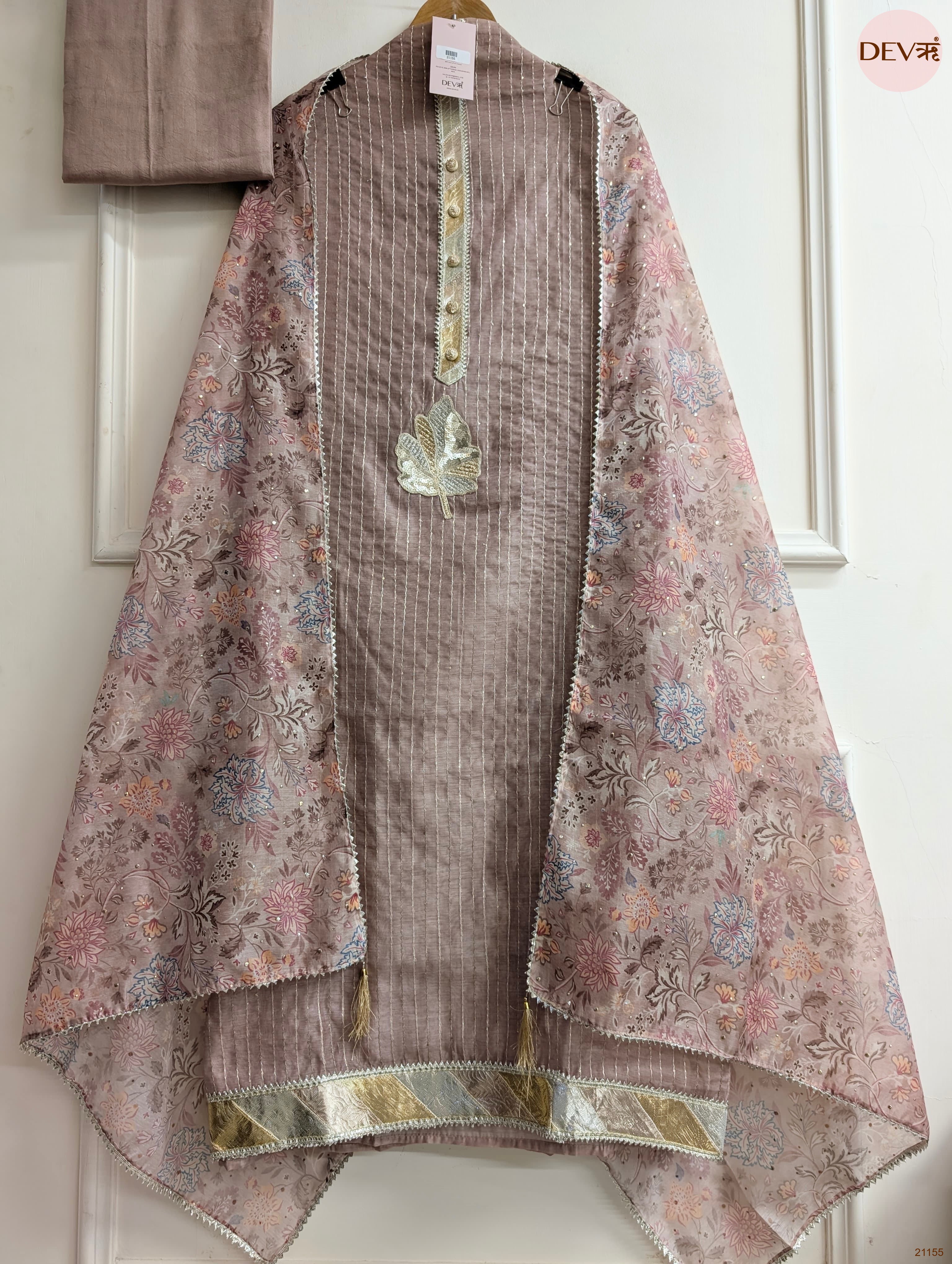 Taupe Pure Chanderi Printed Unstitched 3-Piece Suit (Devri – D.No 21155)