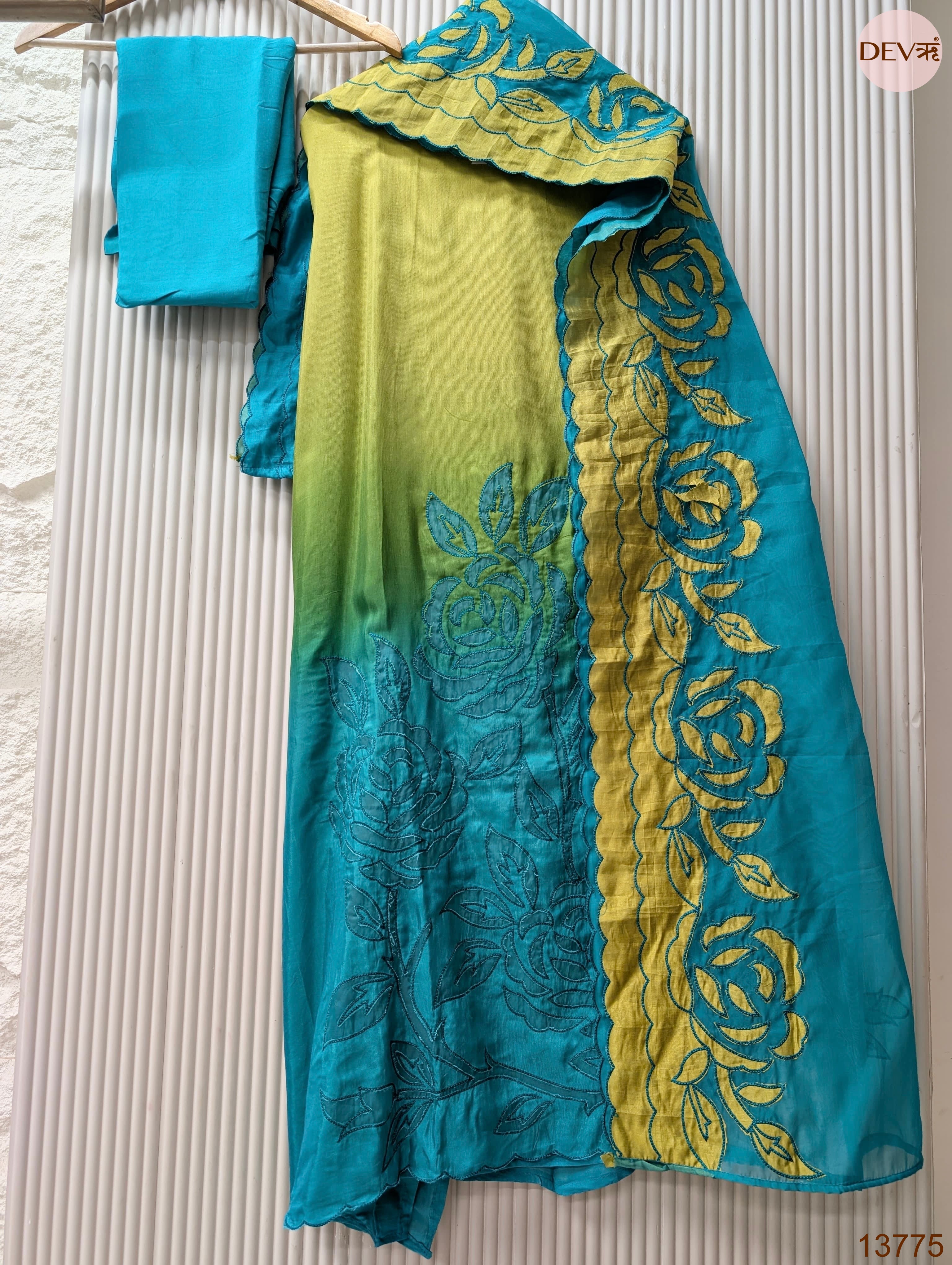 Blue Muslin Embroidered Unstitched 3-Piece Suit (Devri – D.No 13775)