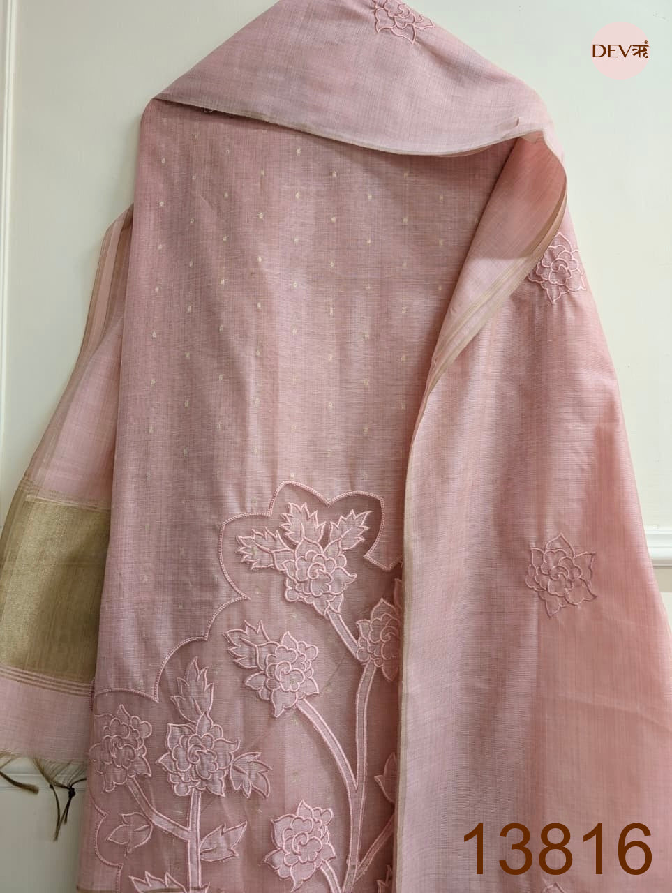 Pink Mul Chanderi Embroidered Unstitched 3-Piece Suit (Devri – D.No 13816)