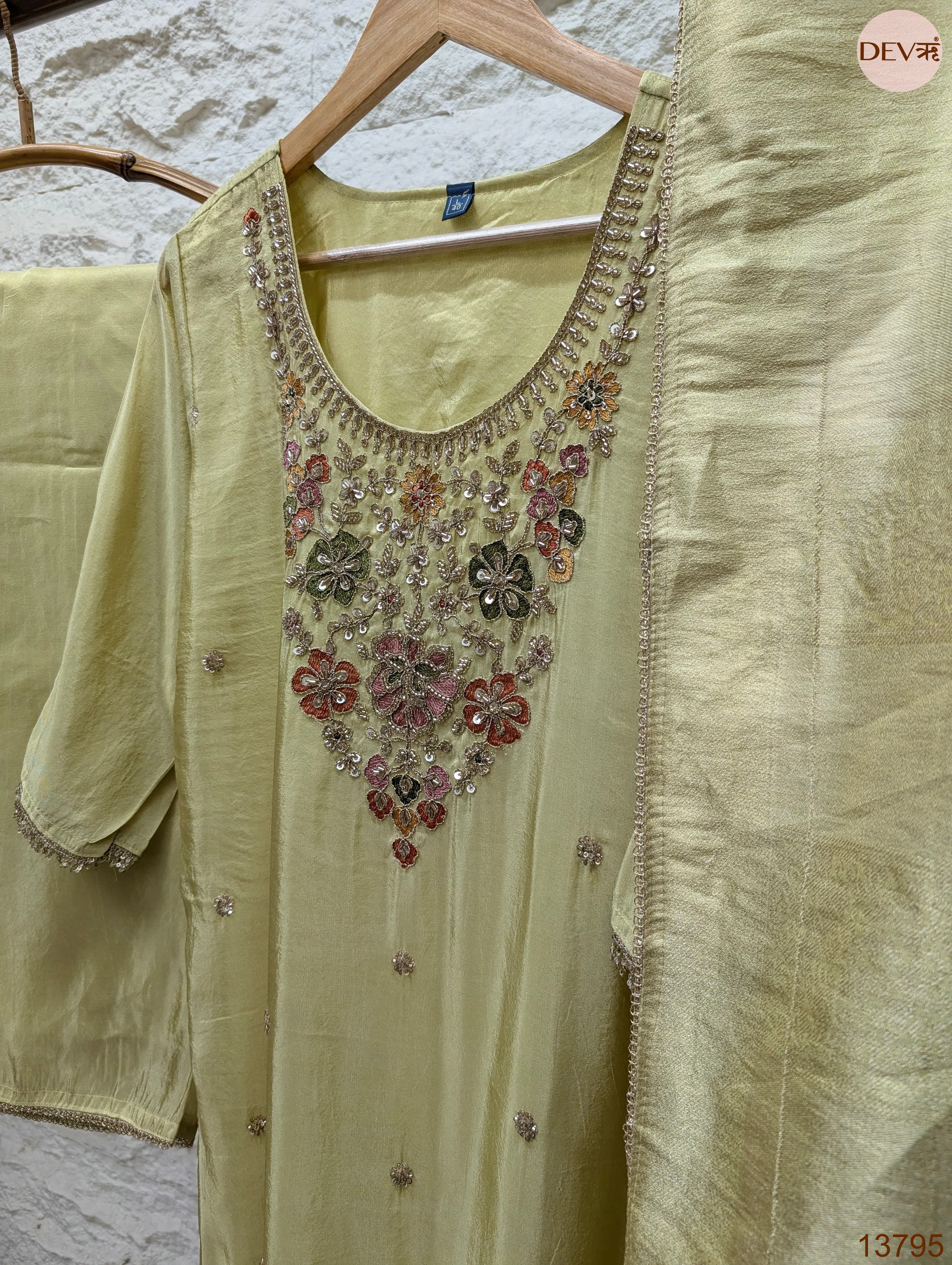 Gulnaar Tissue silk Embroidered Lime Green 3-Piece Set (Devri – D.No 13795)