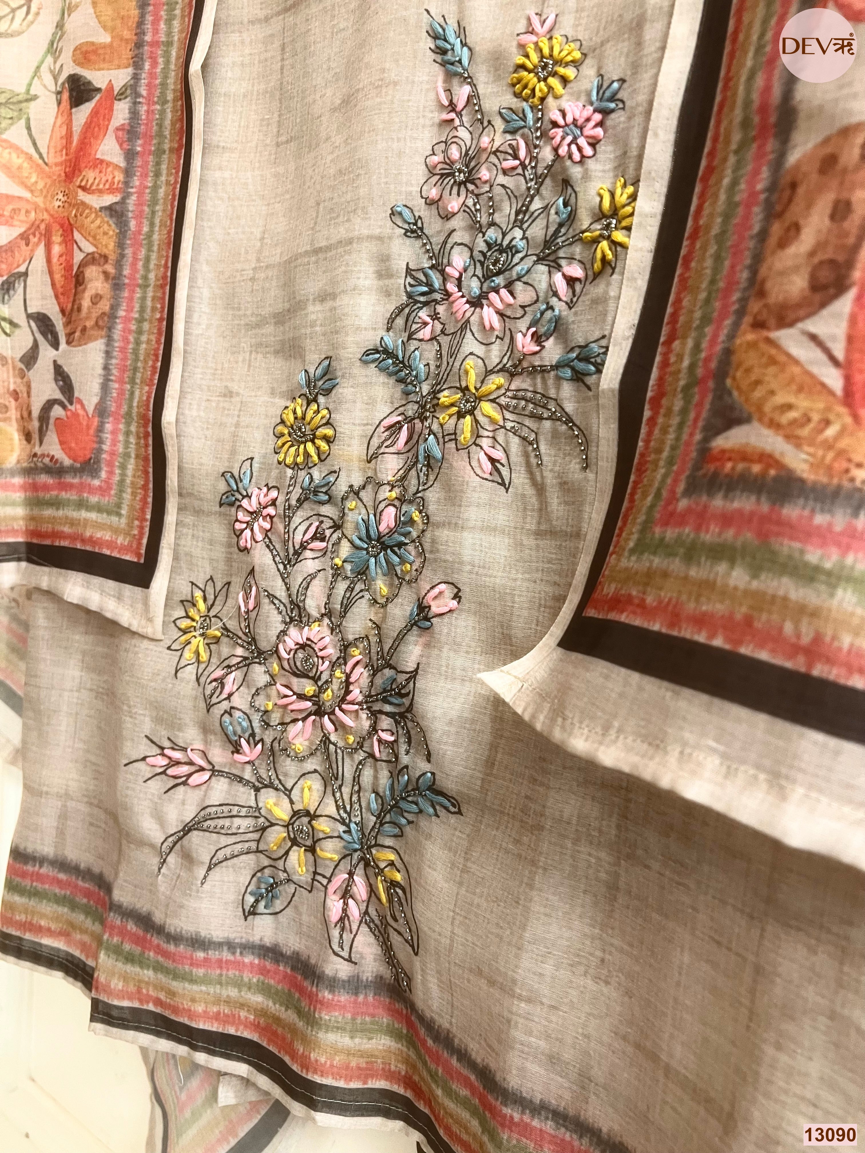 Grey Mul Chanderi Embroidered Unstitched 3-Piece Suit (Devri – D.No 13090)