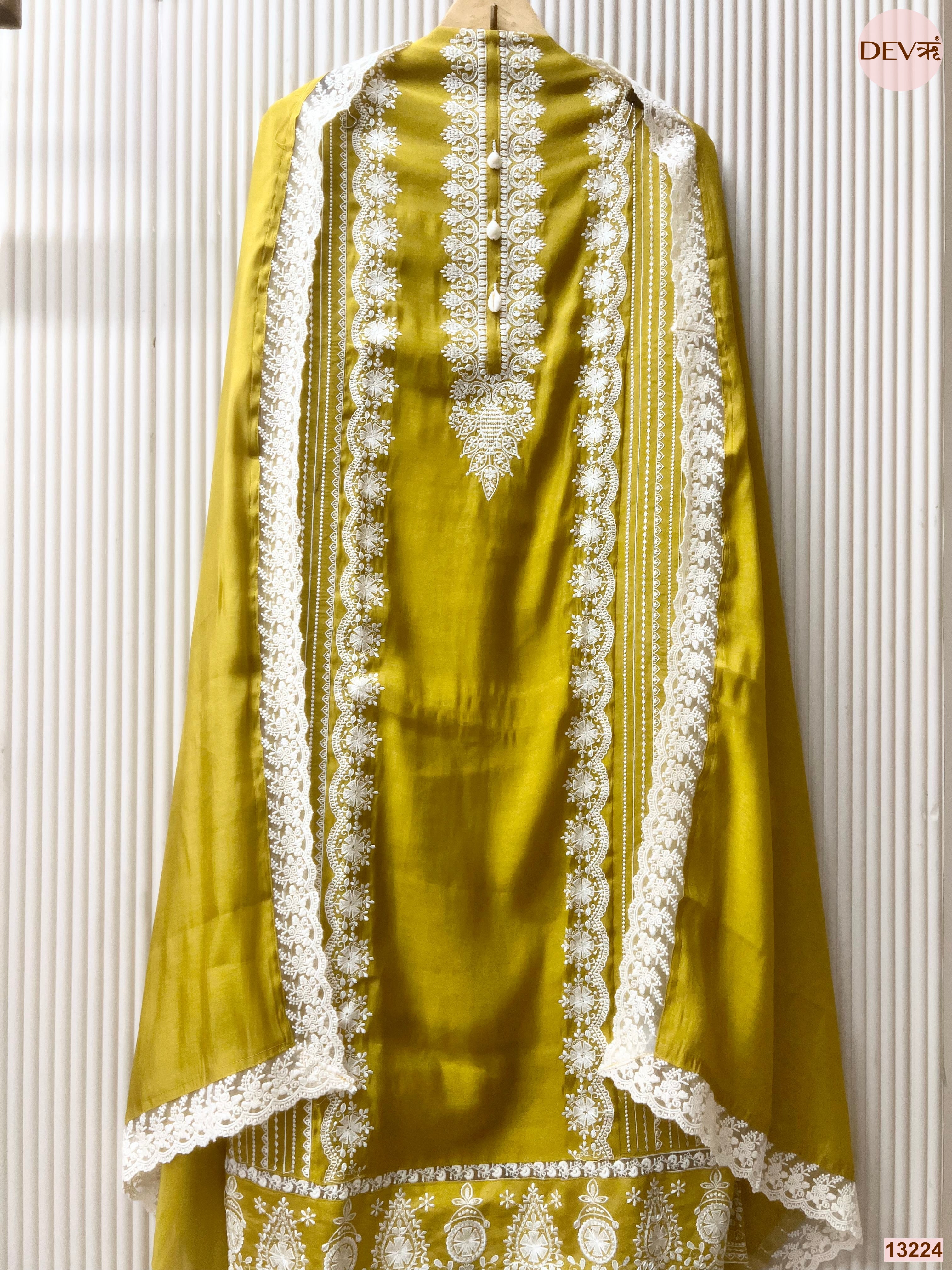 Mustard Mul Cotton Embroidered Unstitched 3-Piece Suit (Devri – D.No 13224)
