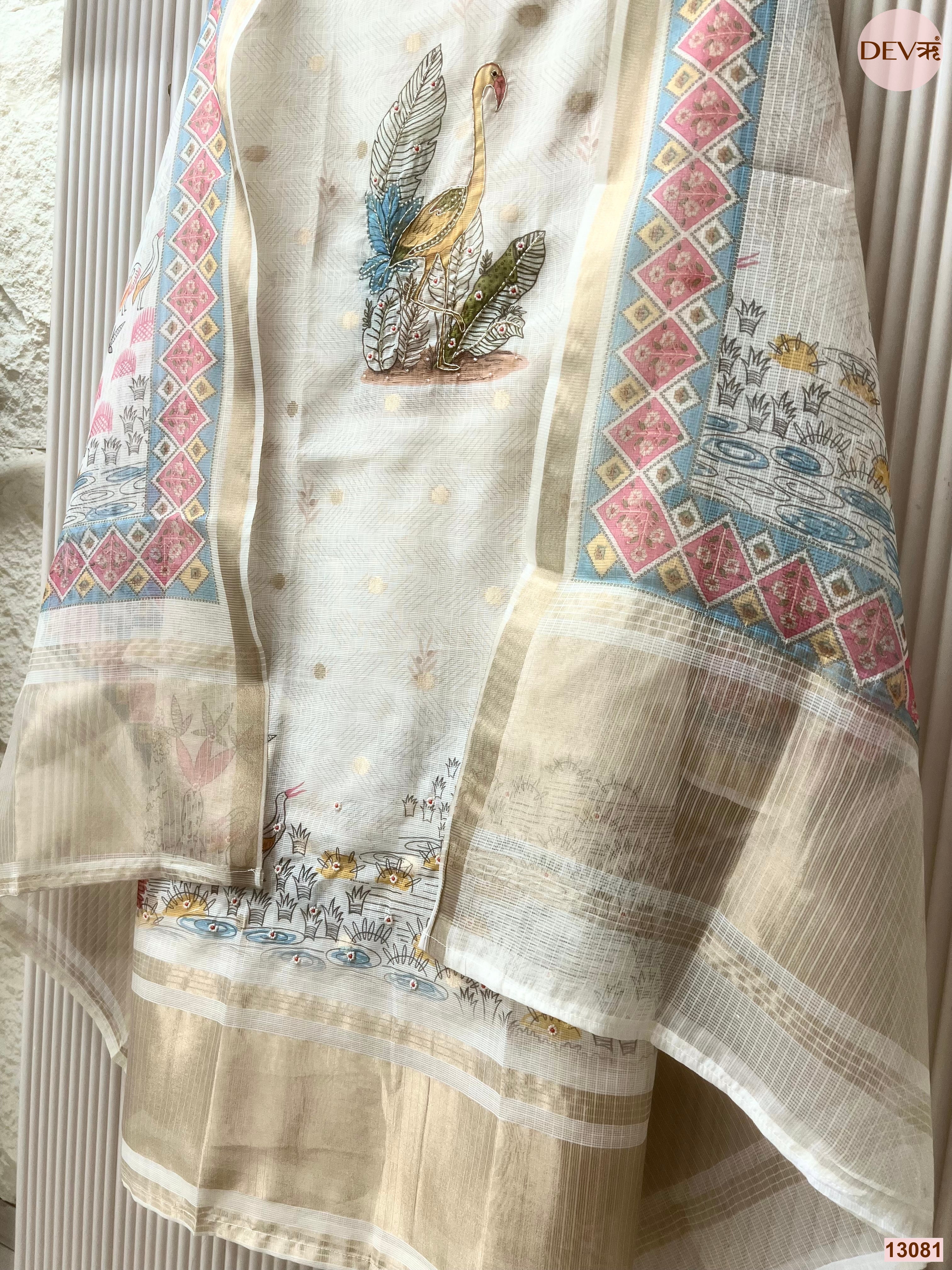 Off White Kota Printed Unstitched 3-Piece Suit (Devri – D.No 13081)