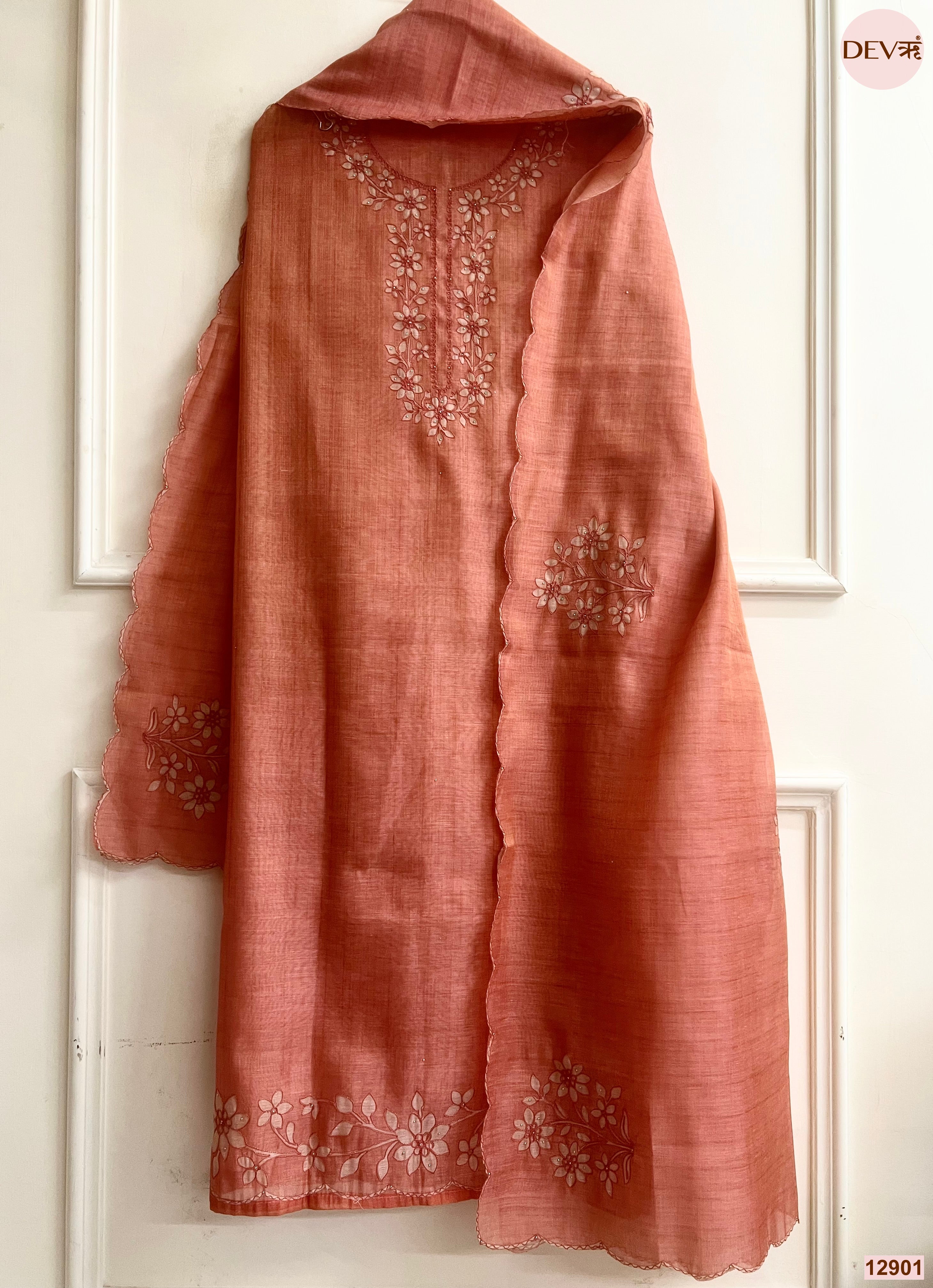 Peach Linen Embroidered Unstitched 3-Piece Suit (Devri – D.No 12901)
