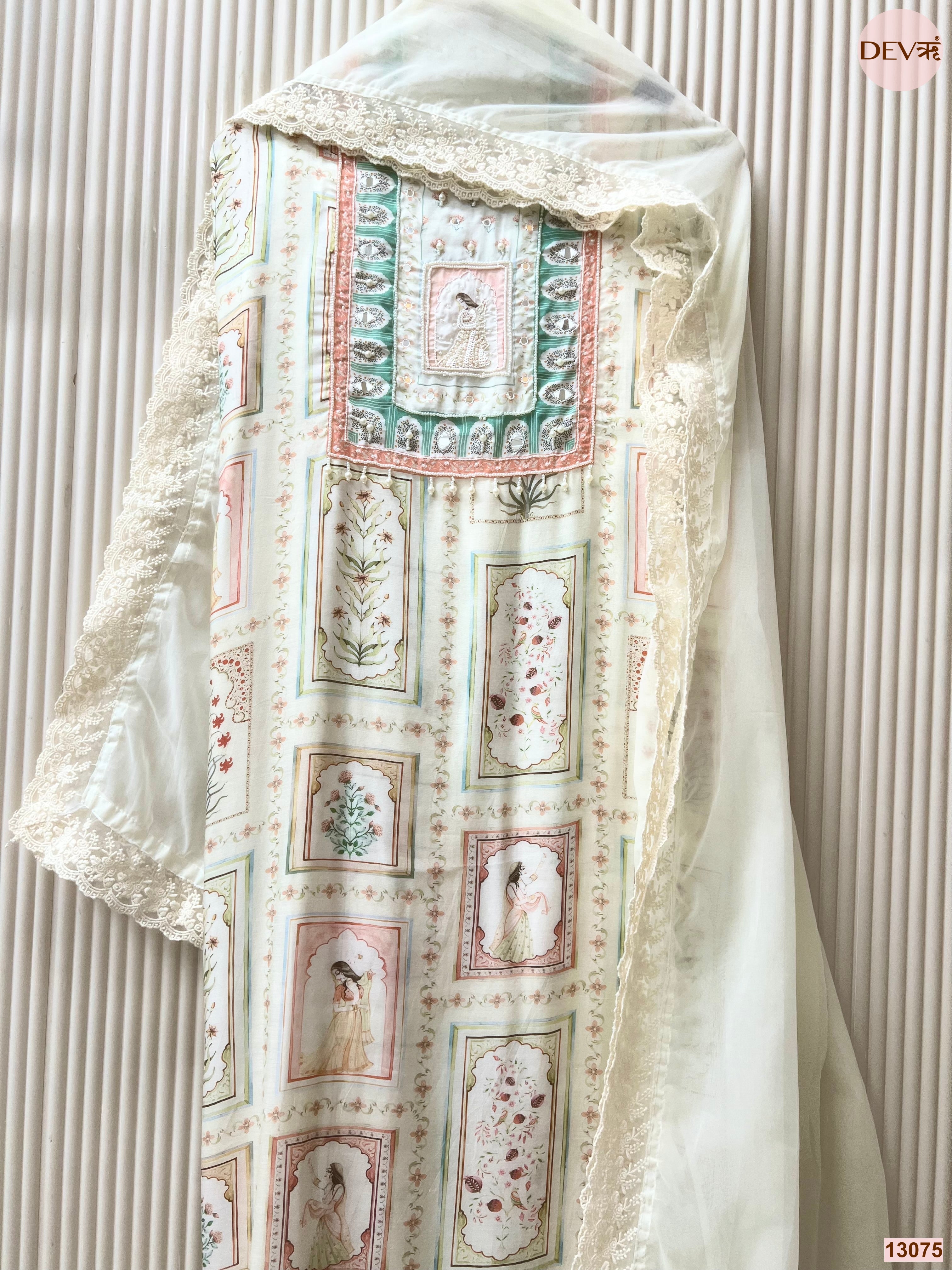 Cream Muslin Printed Unstitched 3-Piece Suit (Devri – D.No 13075)