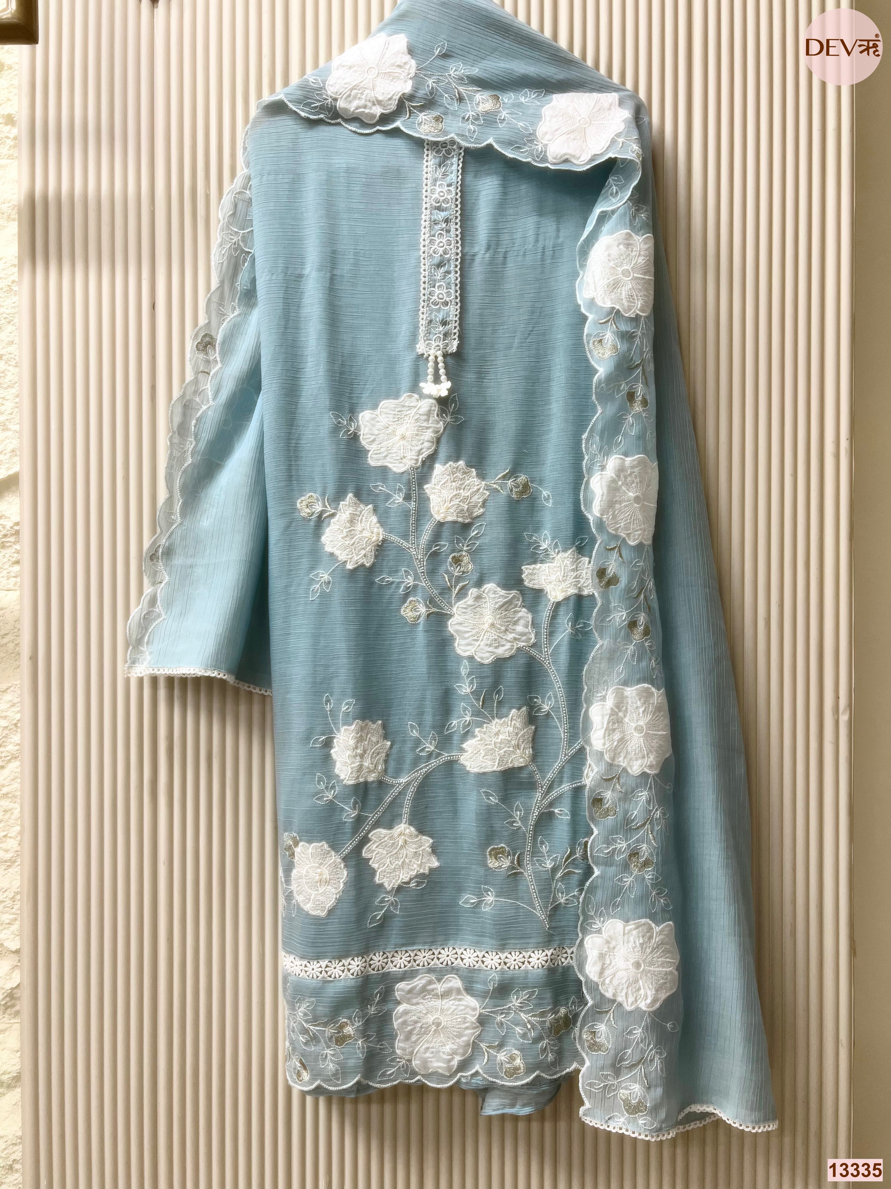 Blue Mul Chanderi Crush Embroidered Unstitched 3-Piece Suit (Devri – D.No 13335)