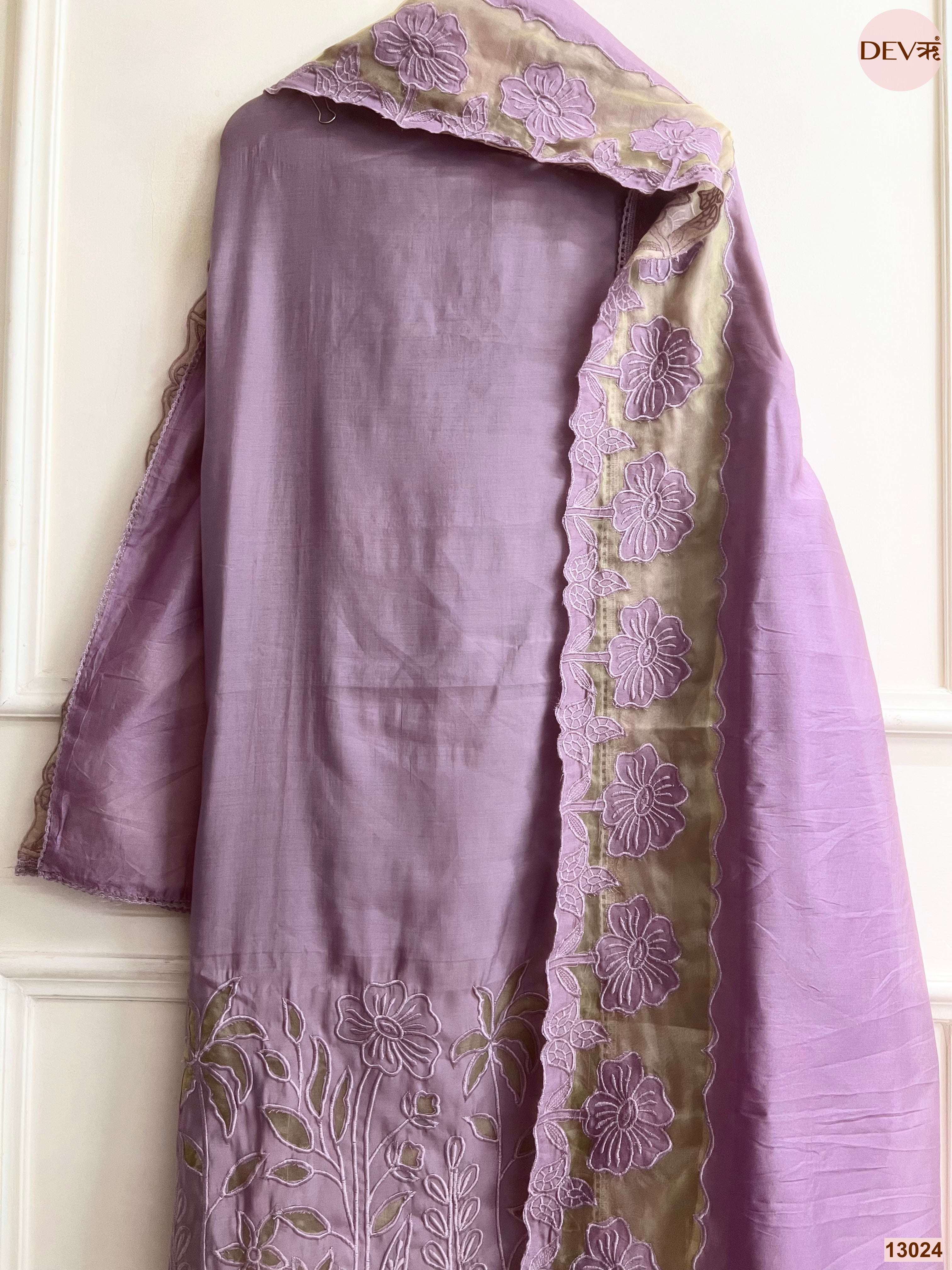 Mauve Roman Silk Embroidered Unstitched 3-Piece Suit (Devri – D.No 13024)