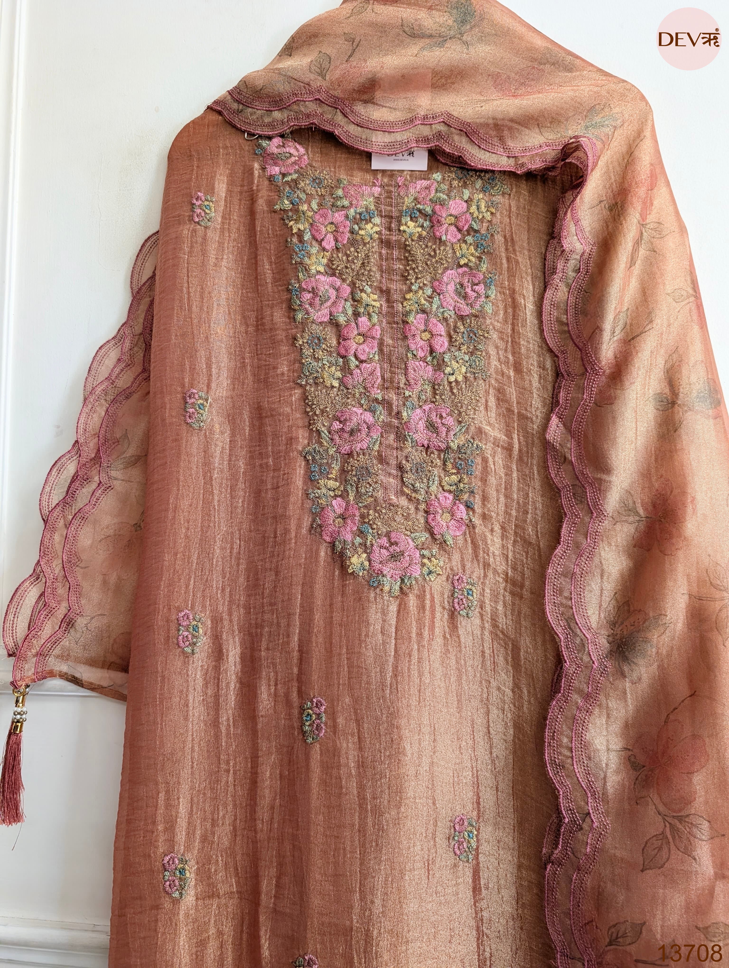 Peach Crush Tissue Silk Embroidered Unstitched 3-Piece Suit (Devri – D.No 13708)