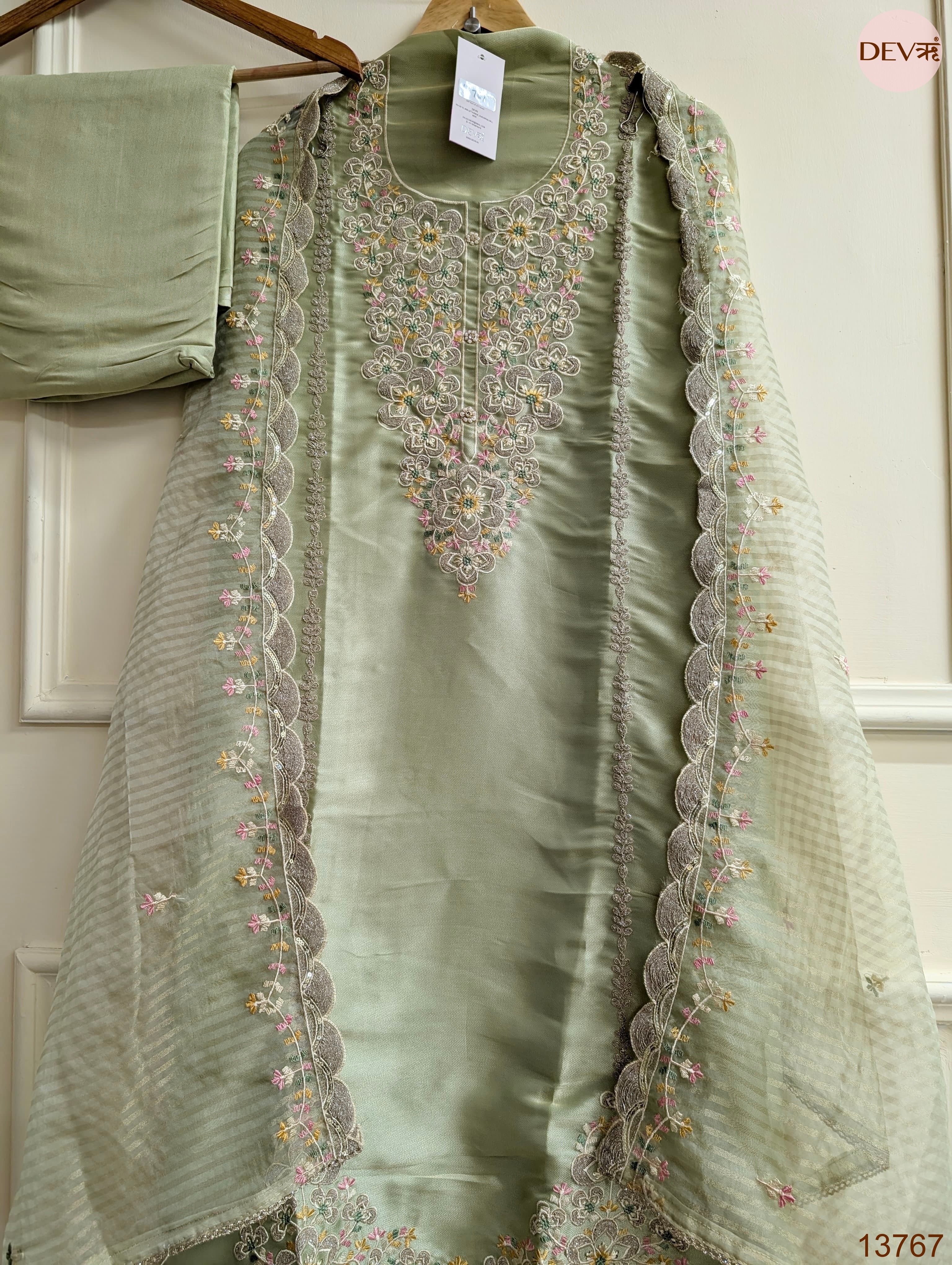 Sage Tissue Silk Embroidered Unstitched 3-Piece Suit (Devri – D.No 13767)