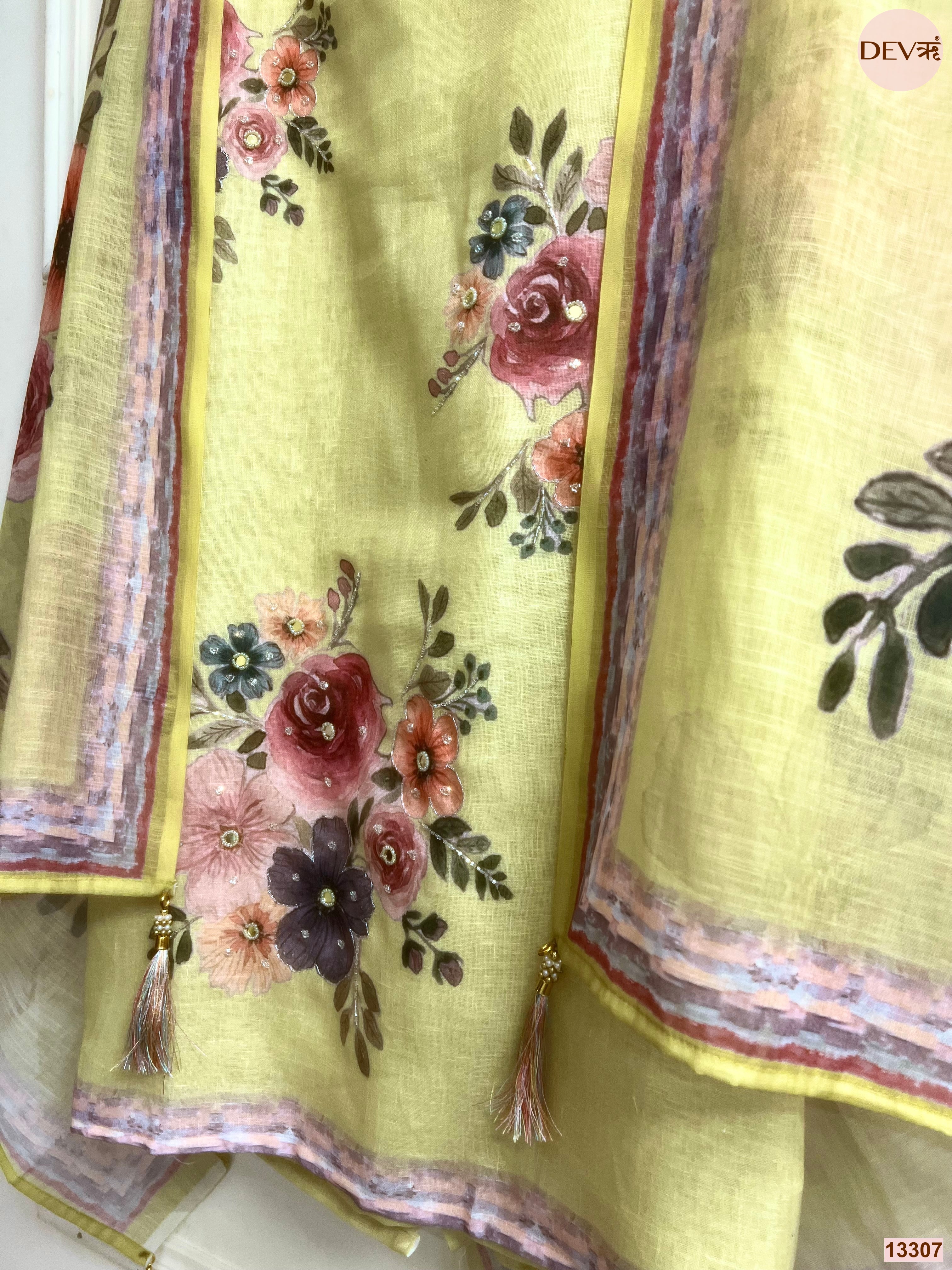 Yellow Linen Cotton Printed Unstitched 3-Piece Suit (Devri – D.No 13307)