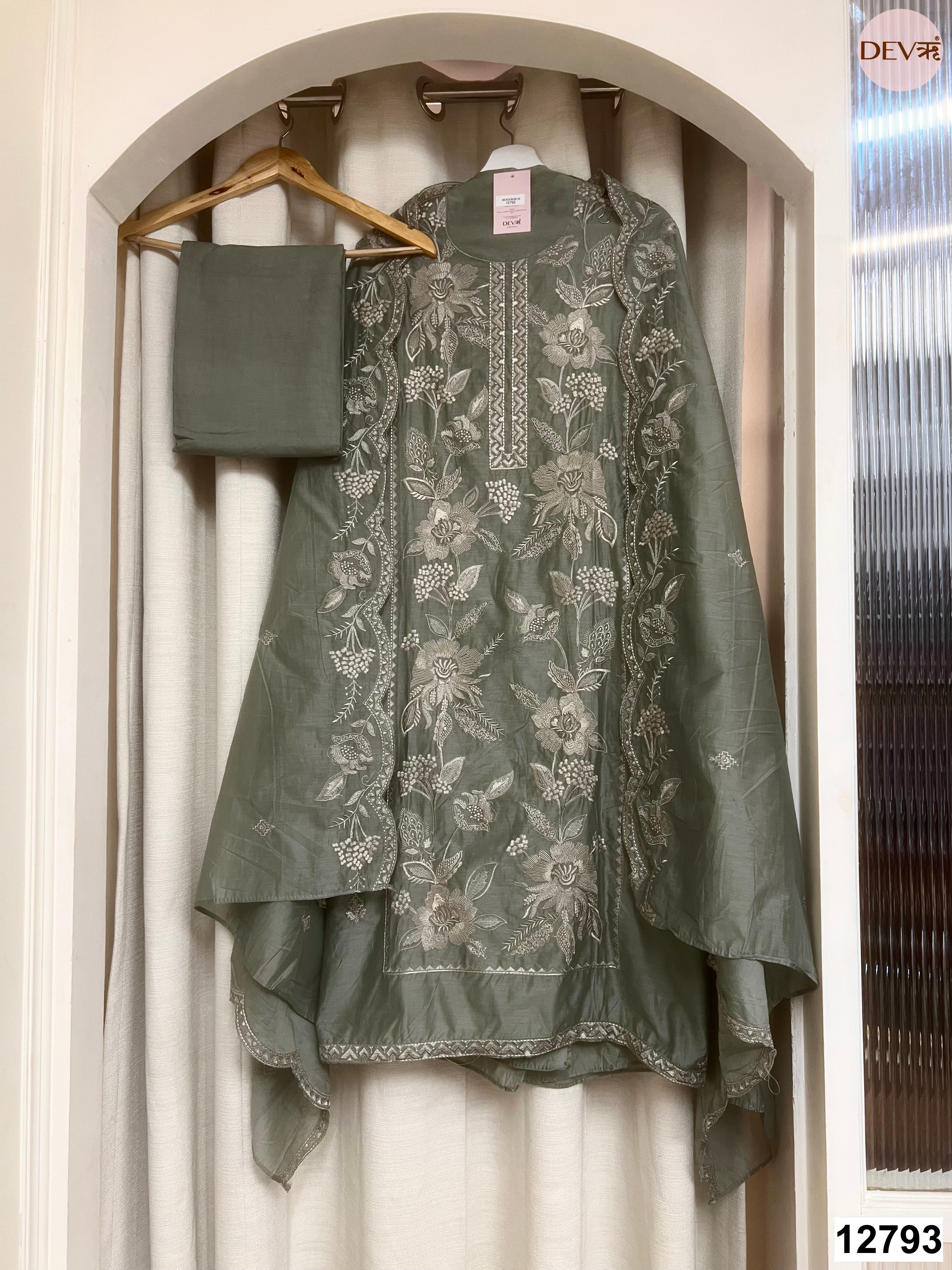Olive Mul Chanderi Embroidered Unstitched 3-Piece Suit (Devri – D.No 12793)