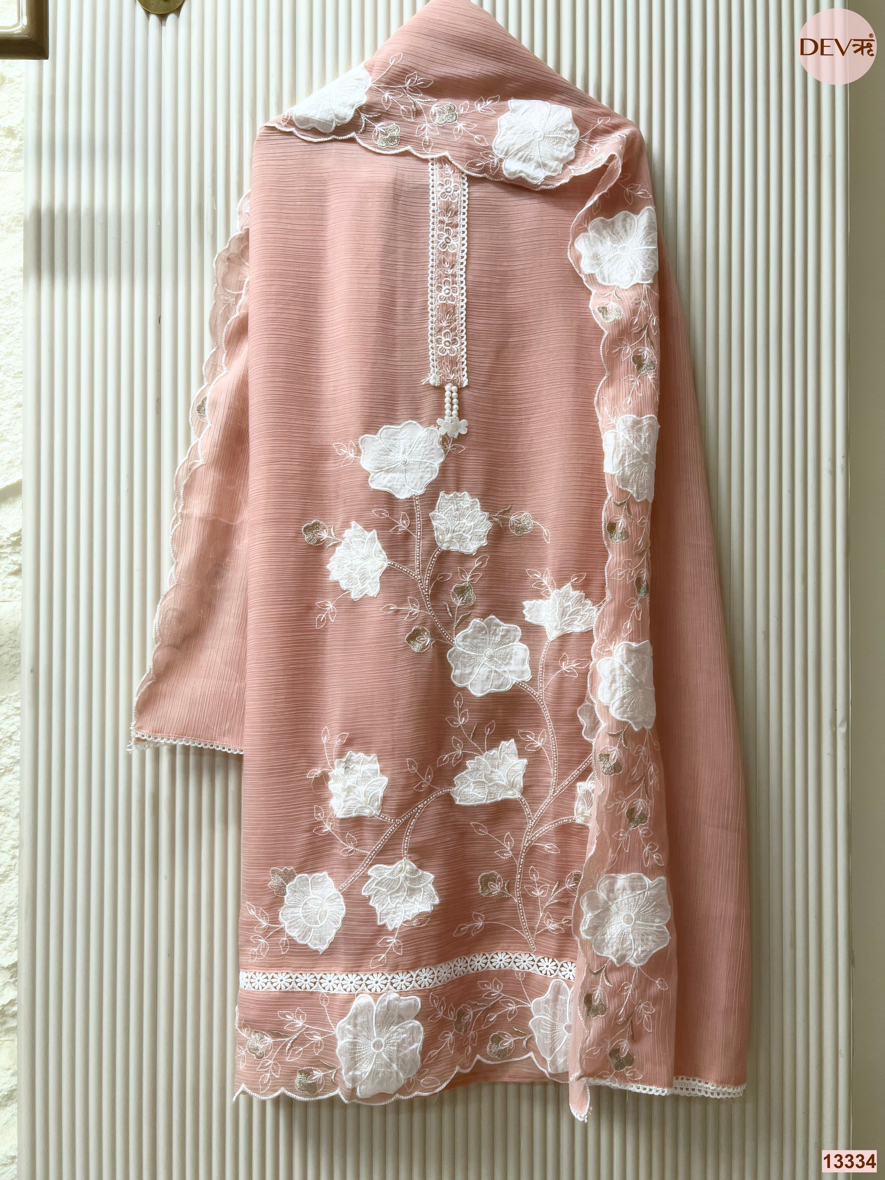 Peach Mul Chanderi Crush Embroidered Unstitched 3-Piece Suit (Devri – D.No 13334)