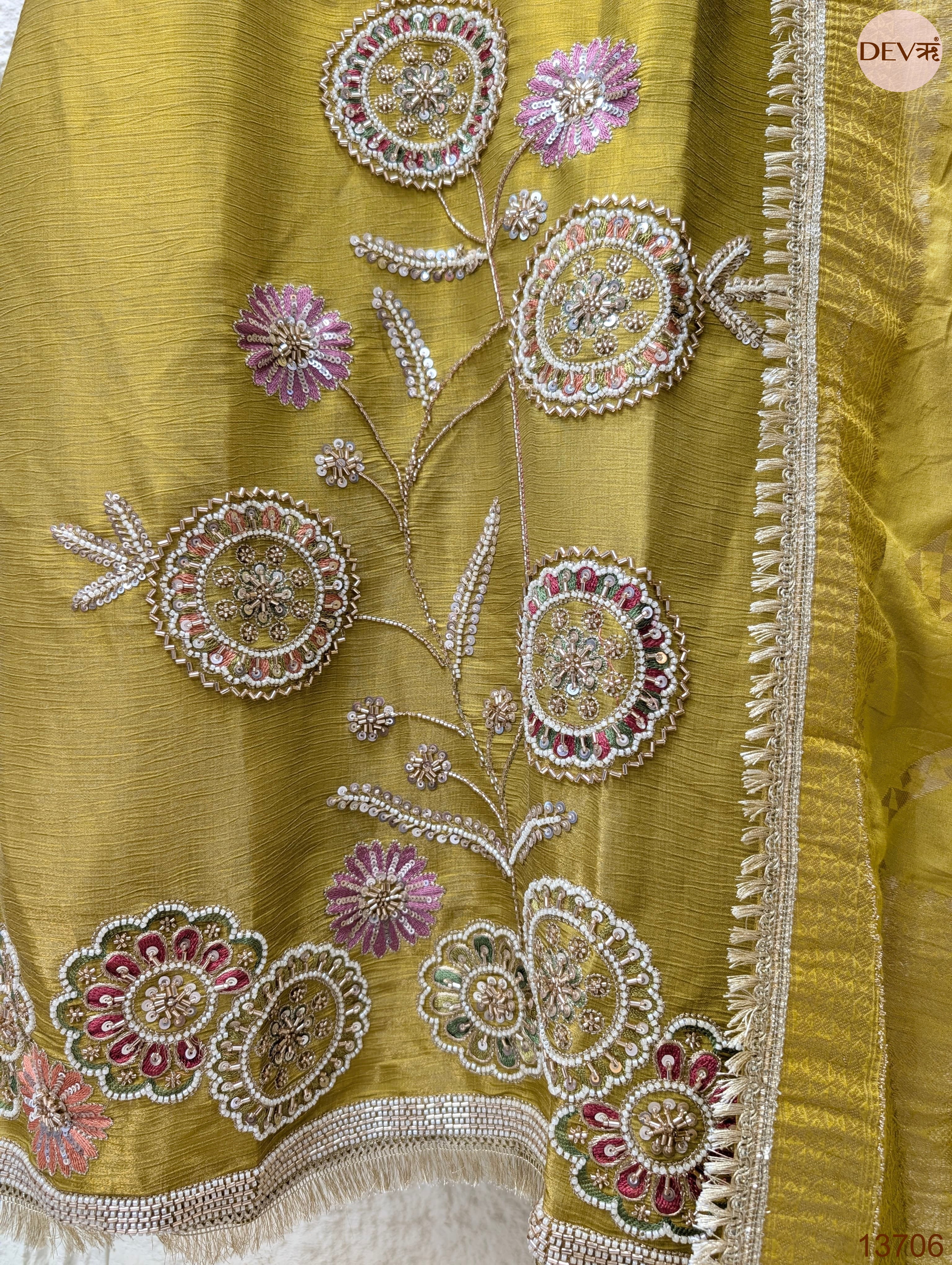Gulnaar Tissue silk blend Embroidered Olive Green 3-Piece Set (Devri – D.No 13706)