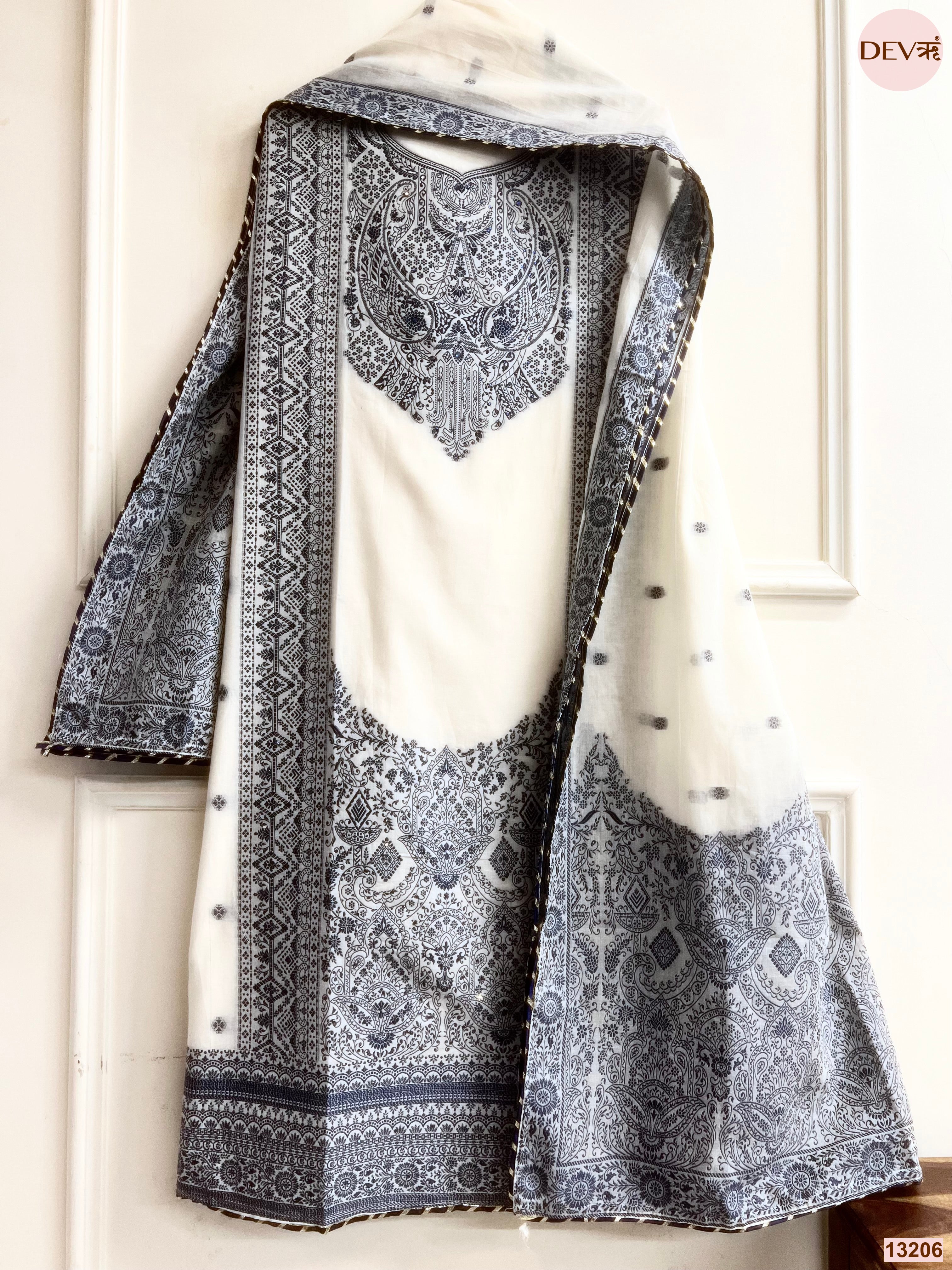 White Jamdani Cotton Printed Unstitched 3-Piece Suit (Devri – D.No 13206)