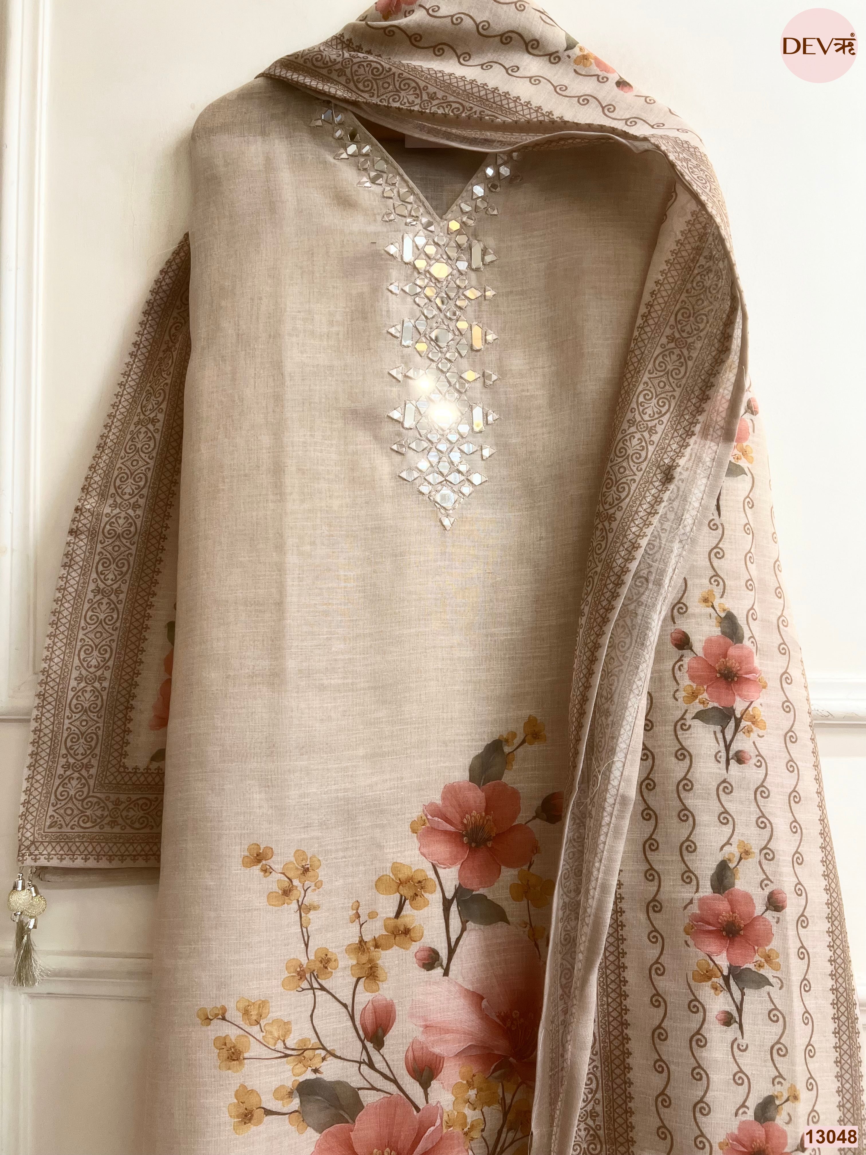 Beige Linen Printed Unstitched 3-Piece Suit (Devri – D.No 13048)
