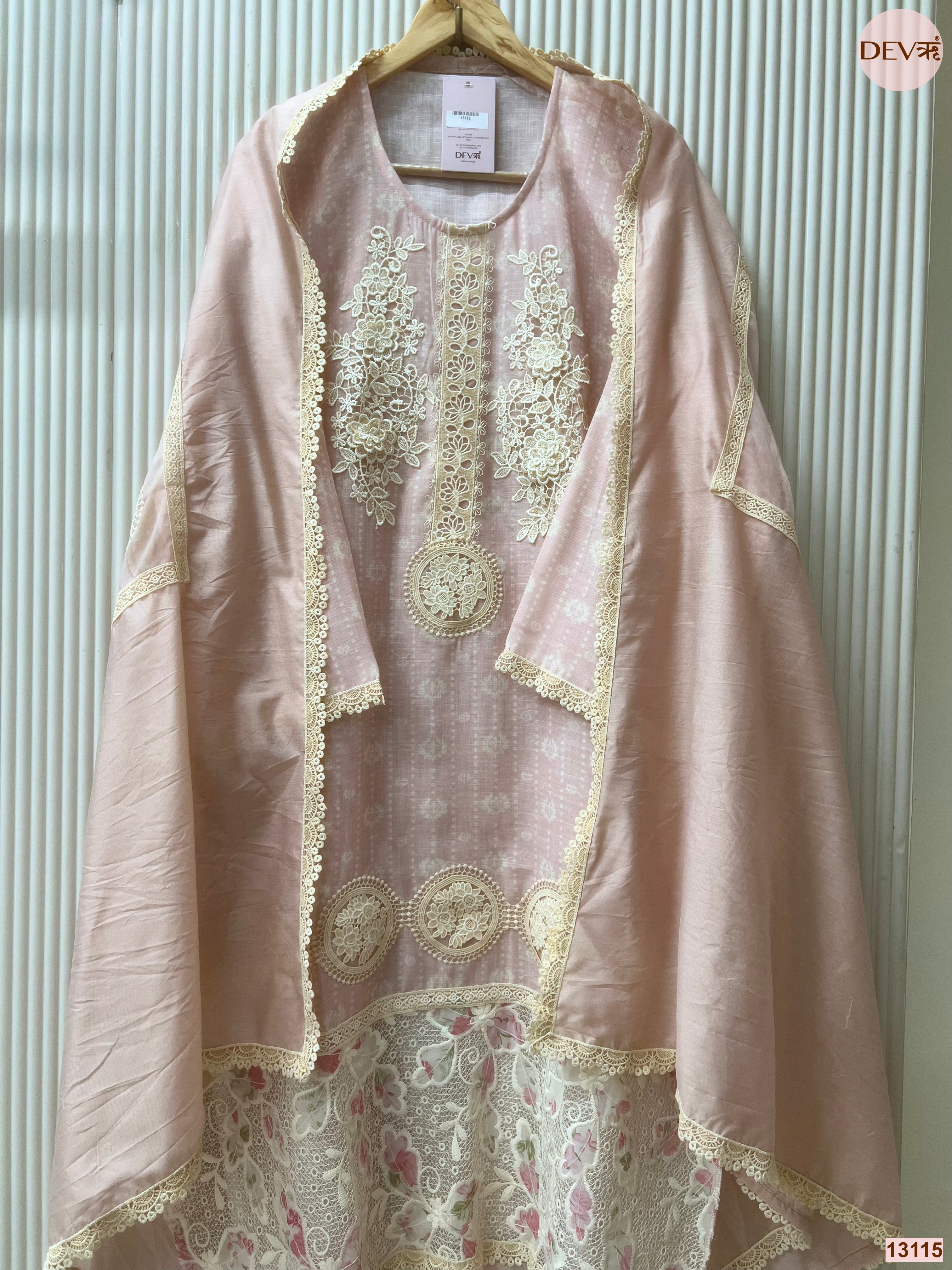 Pink Linen Cotton Embroidered Unstitched 3-Piece Suit (Devri – D.No 13115)