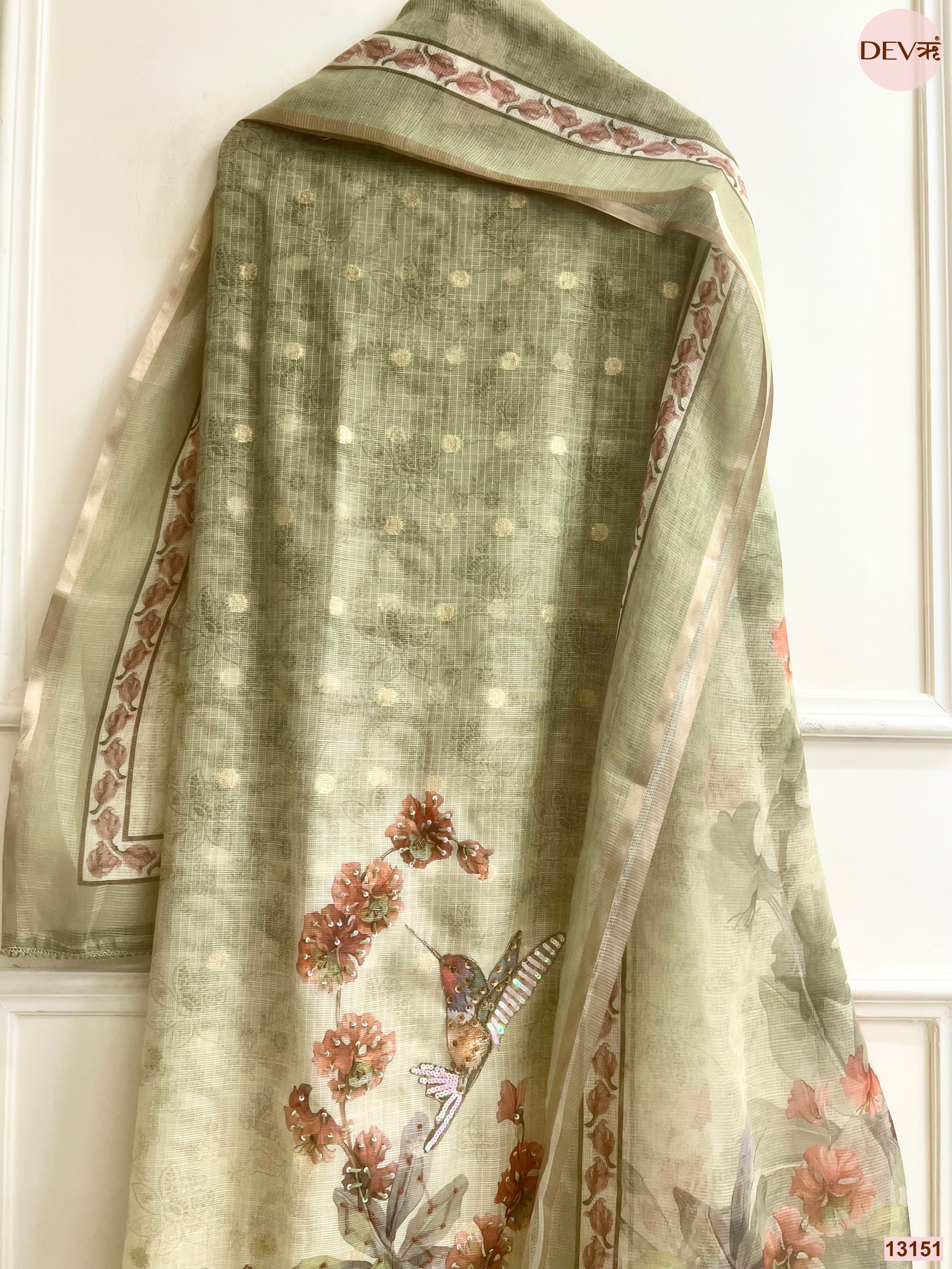 Olive Kota Printed Unstitched 3-Piece Suit (Devri – D.No 13151)