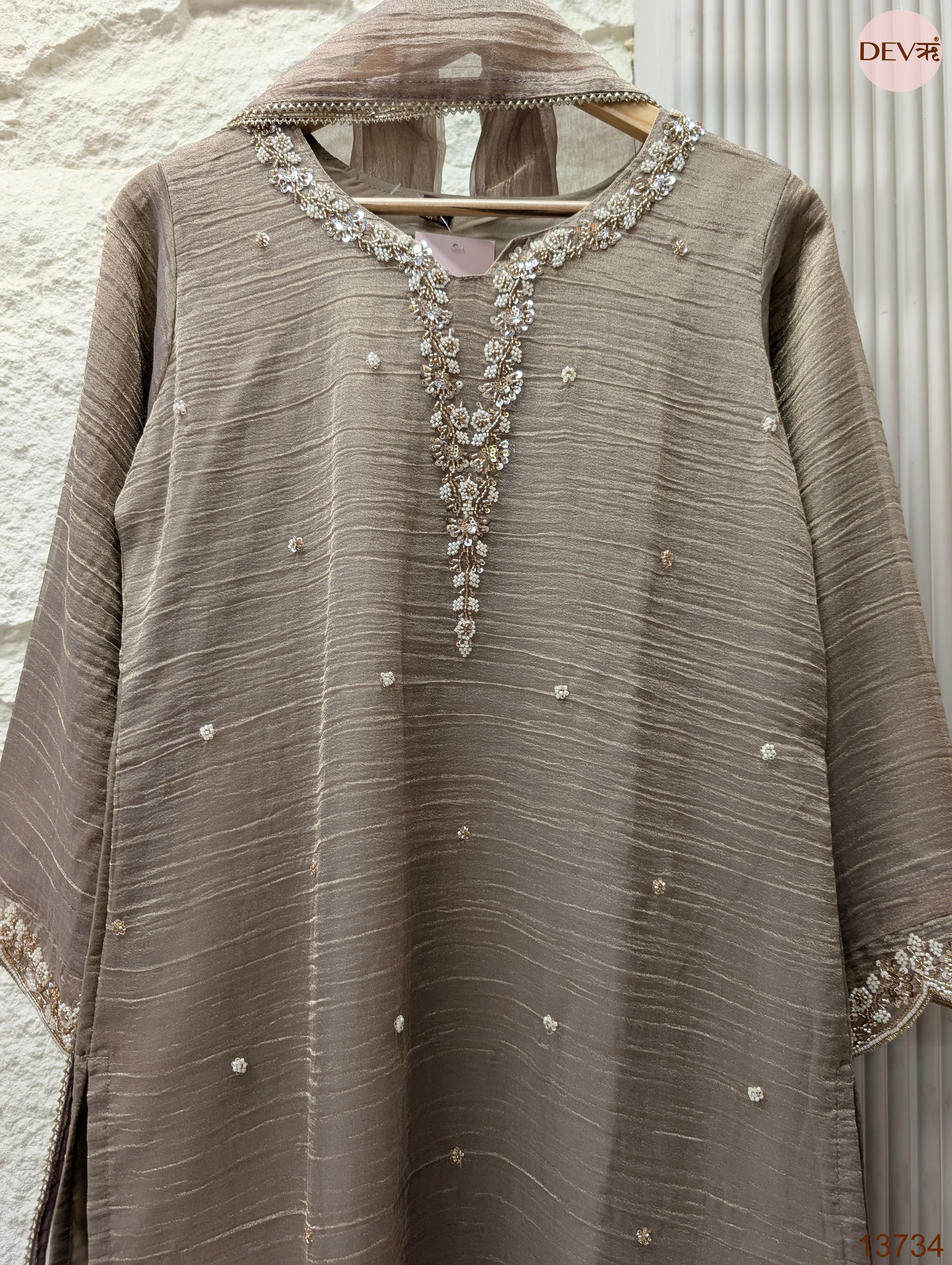 Zareen Tissue crush silk Embroidered Taupe 3-Piece Set (Devri – D.No 13734)