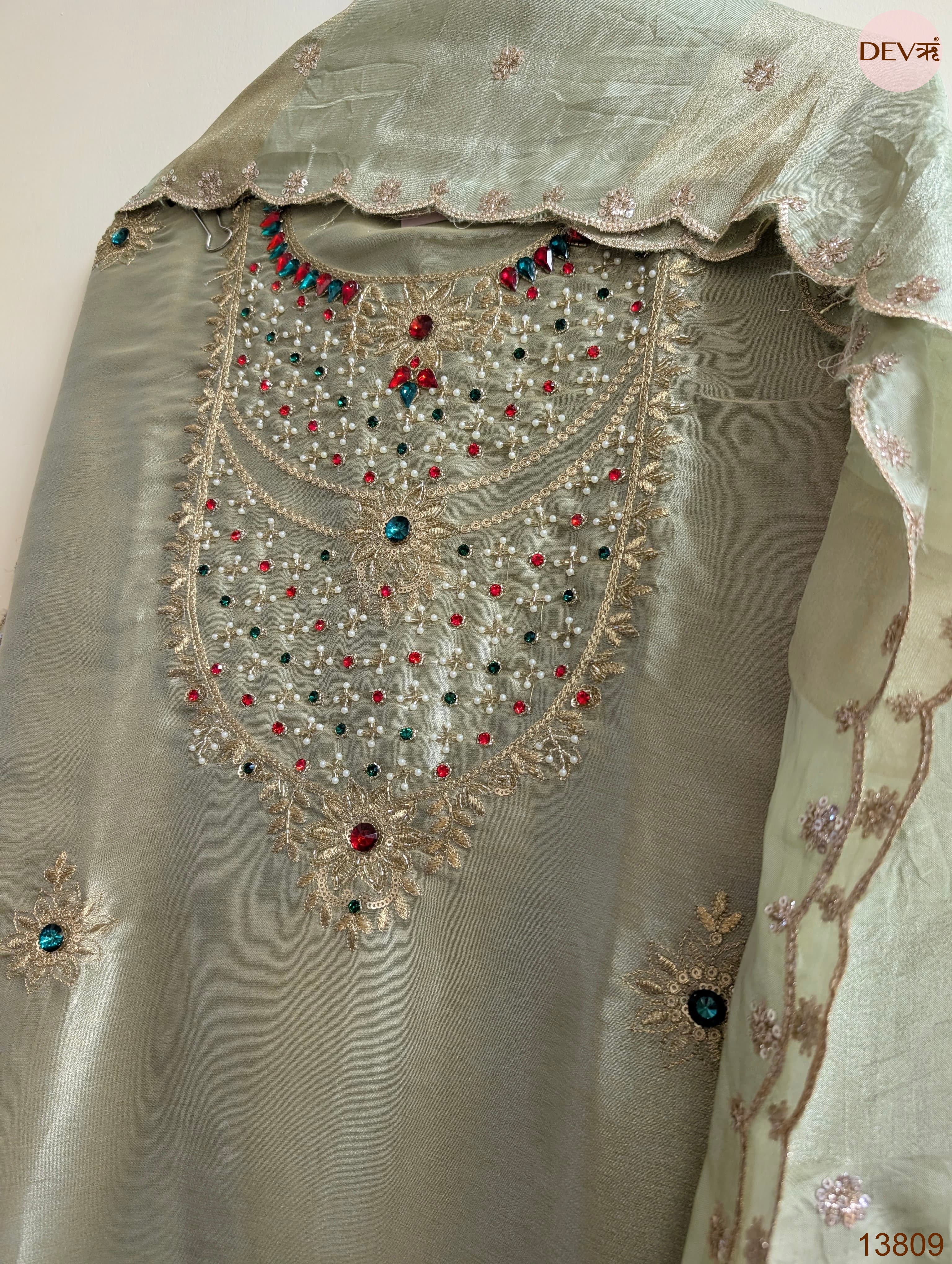 Sage Pure Tissue Giraffe Silk Embroidered Unstitched 3-Piece Suit (Devri – D.No 13809)