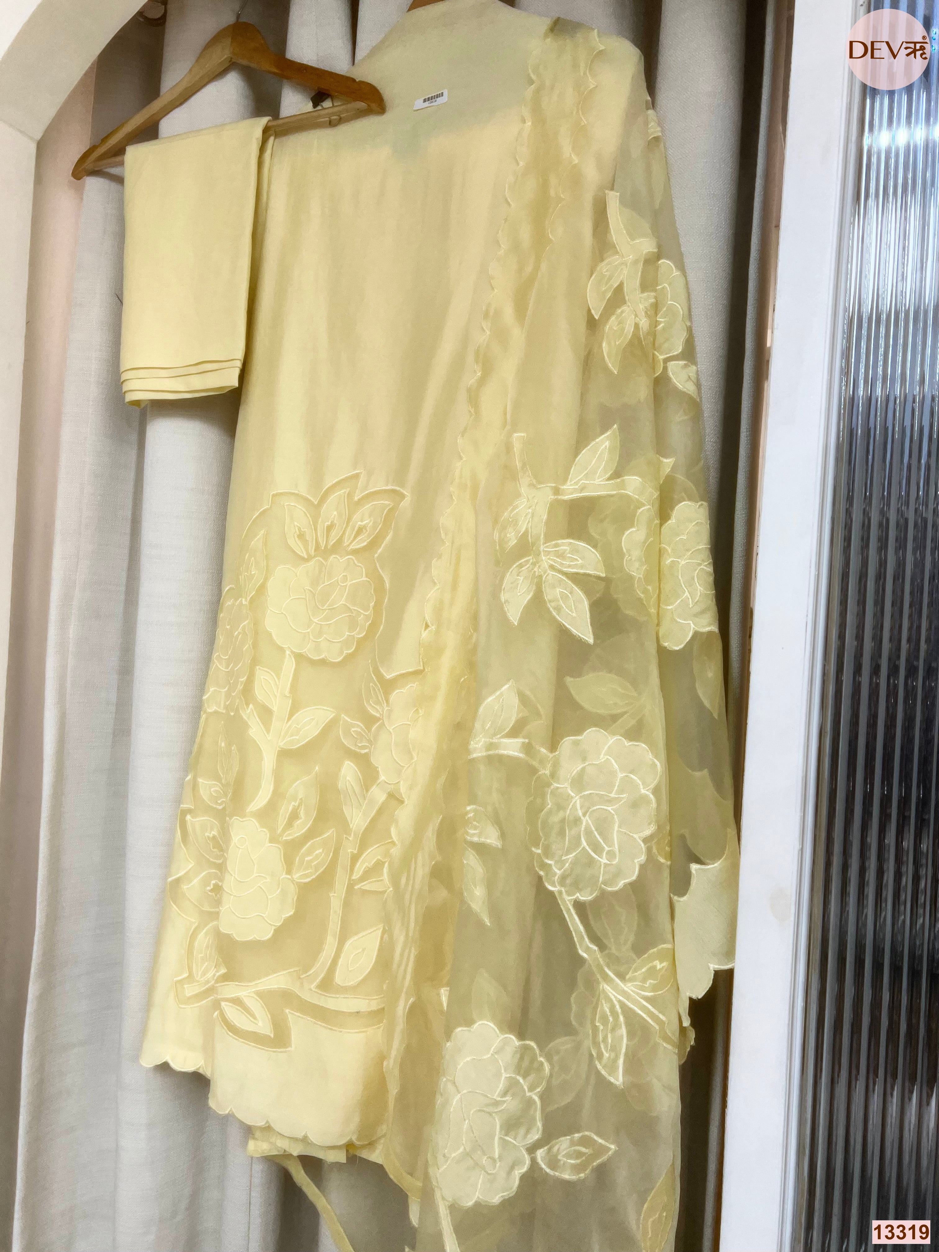 Yellow Roman Silk Embroidered Unstitched 3-Piece Suit (Devri – D.No 13319)