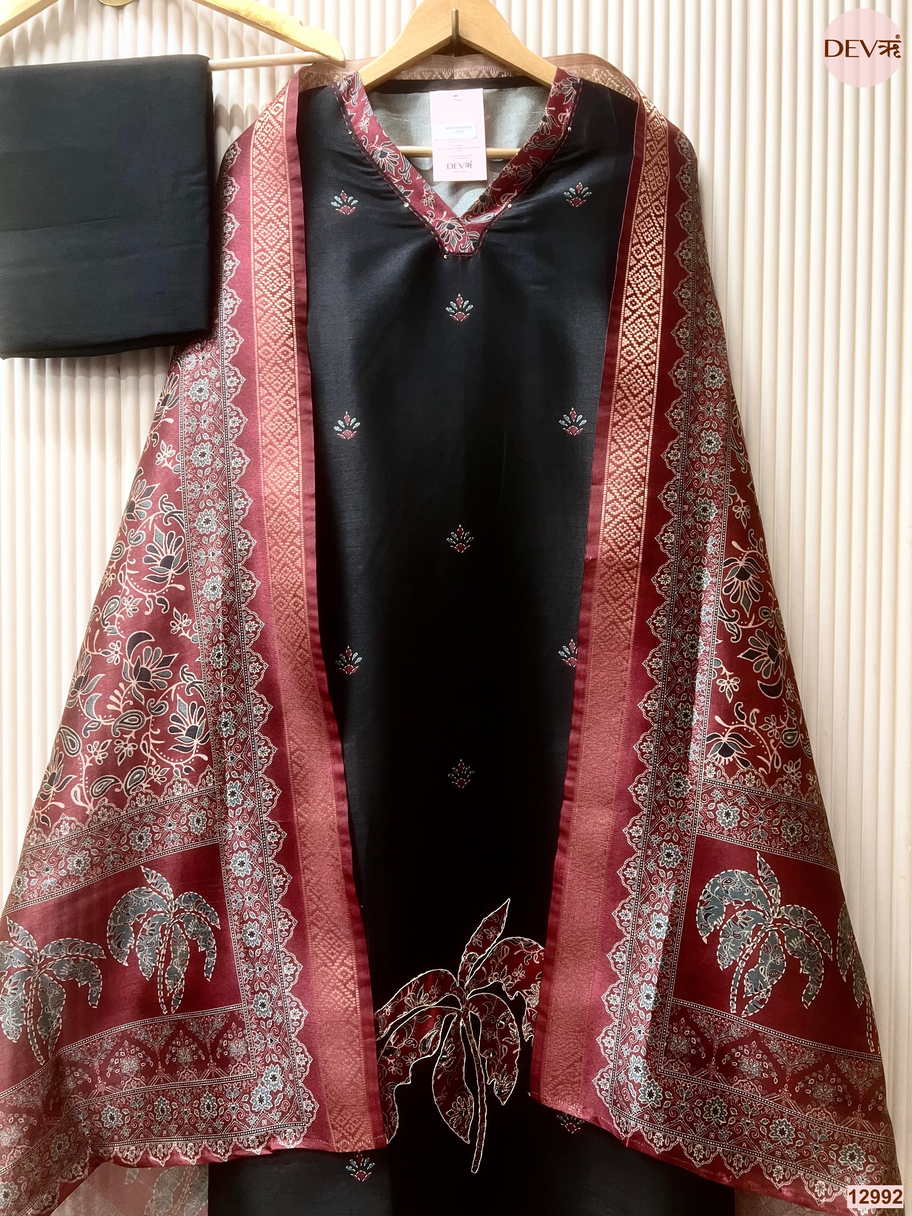 Black Raw Silk Printed Unstitched 3-Piece Suit (Devri – D.No 12992)
