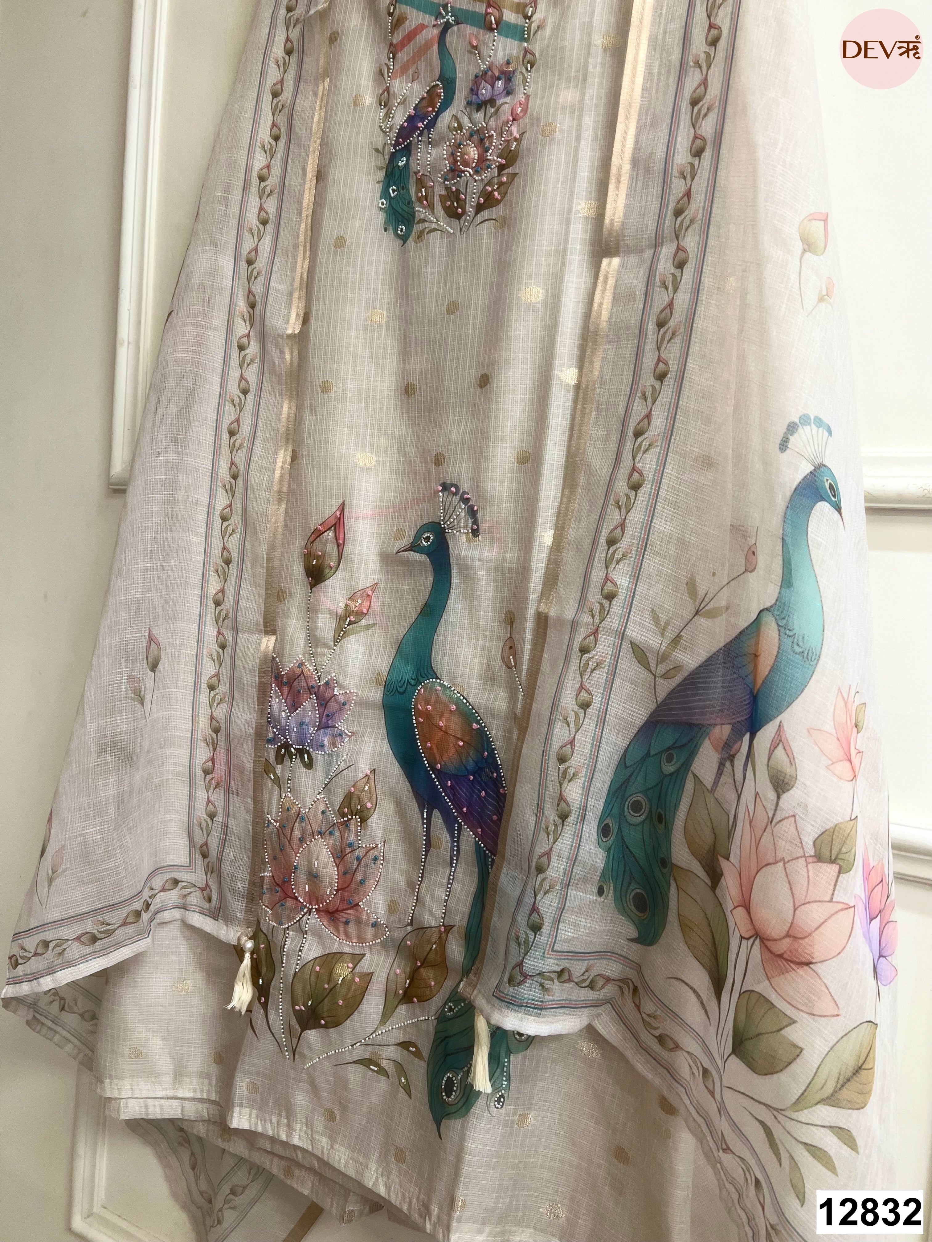Beige Kota Printed Unstitched 3-Piece Suit (Devri – D.No 12832)