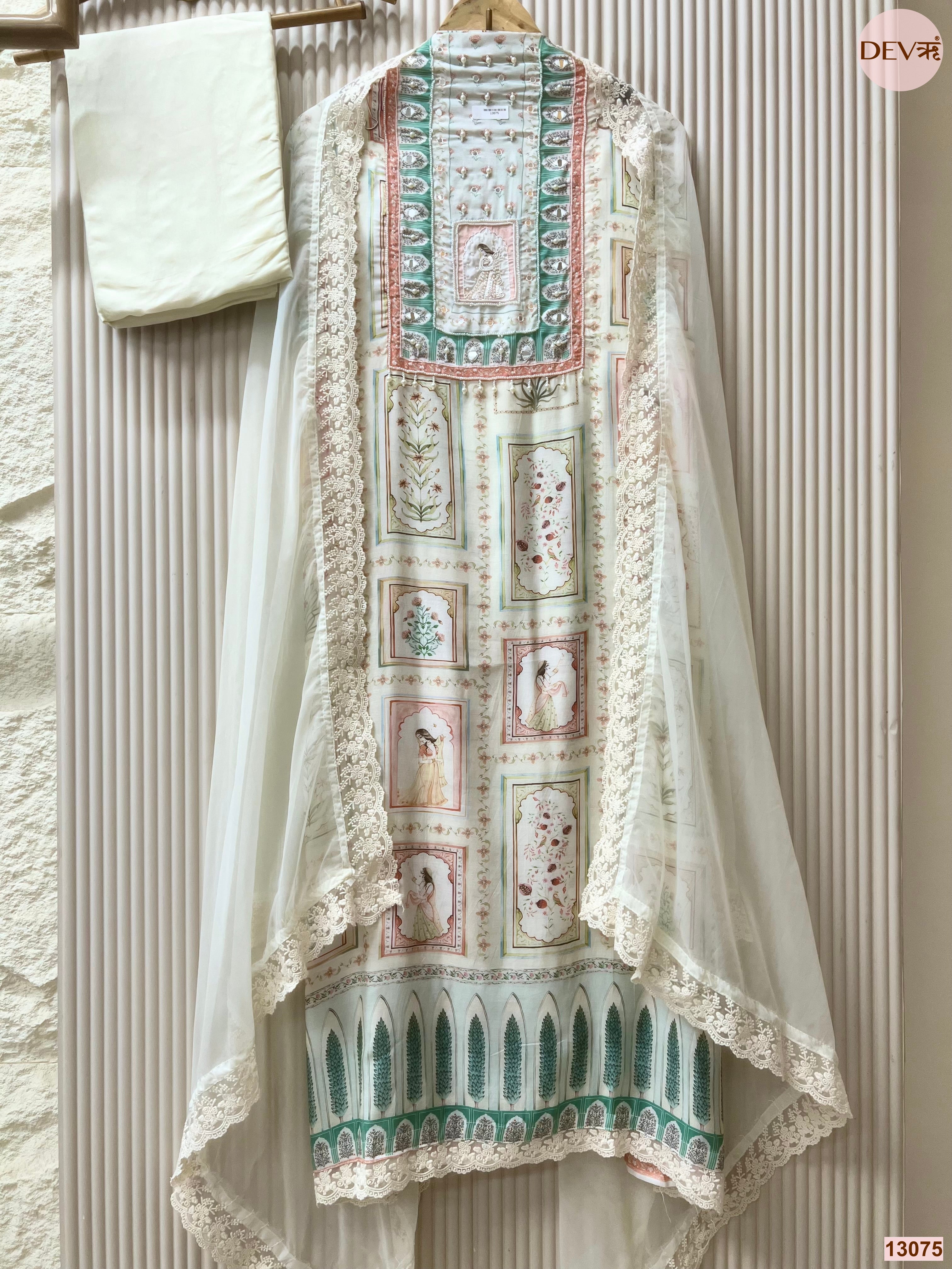 Cream Muslin Printed Unstitched 3-Piece Suit (Devri – D.No 13075)