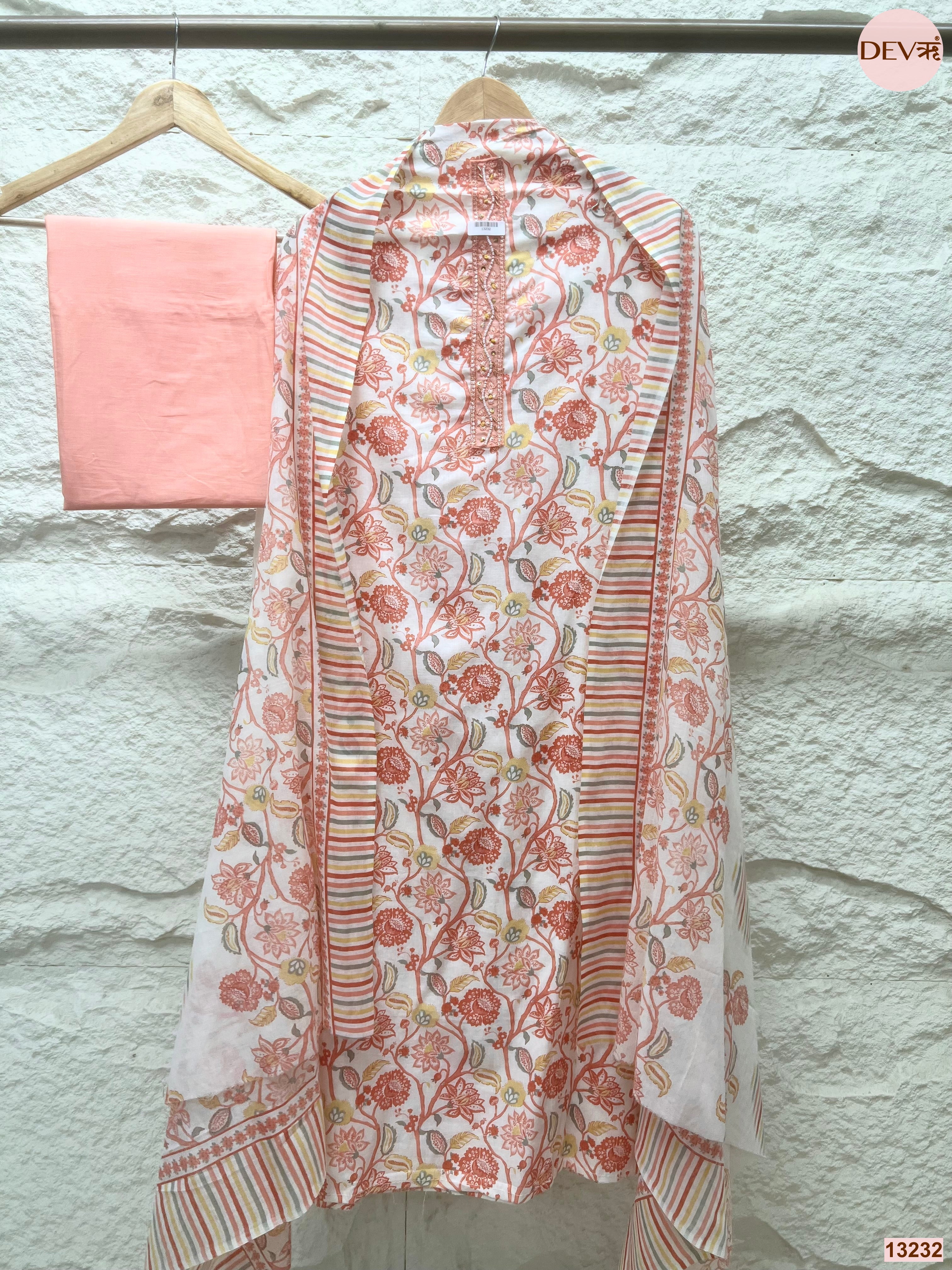 Peach Cotton Printed Unstitched 3-Piece Suit (Devri – D.No 13232)
