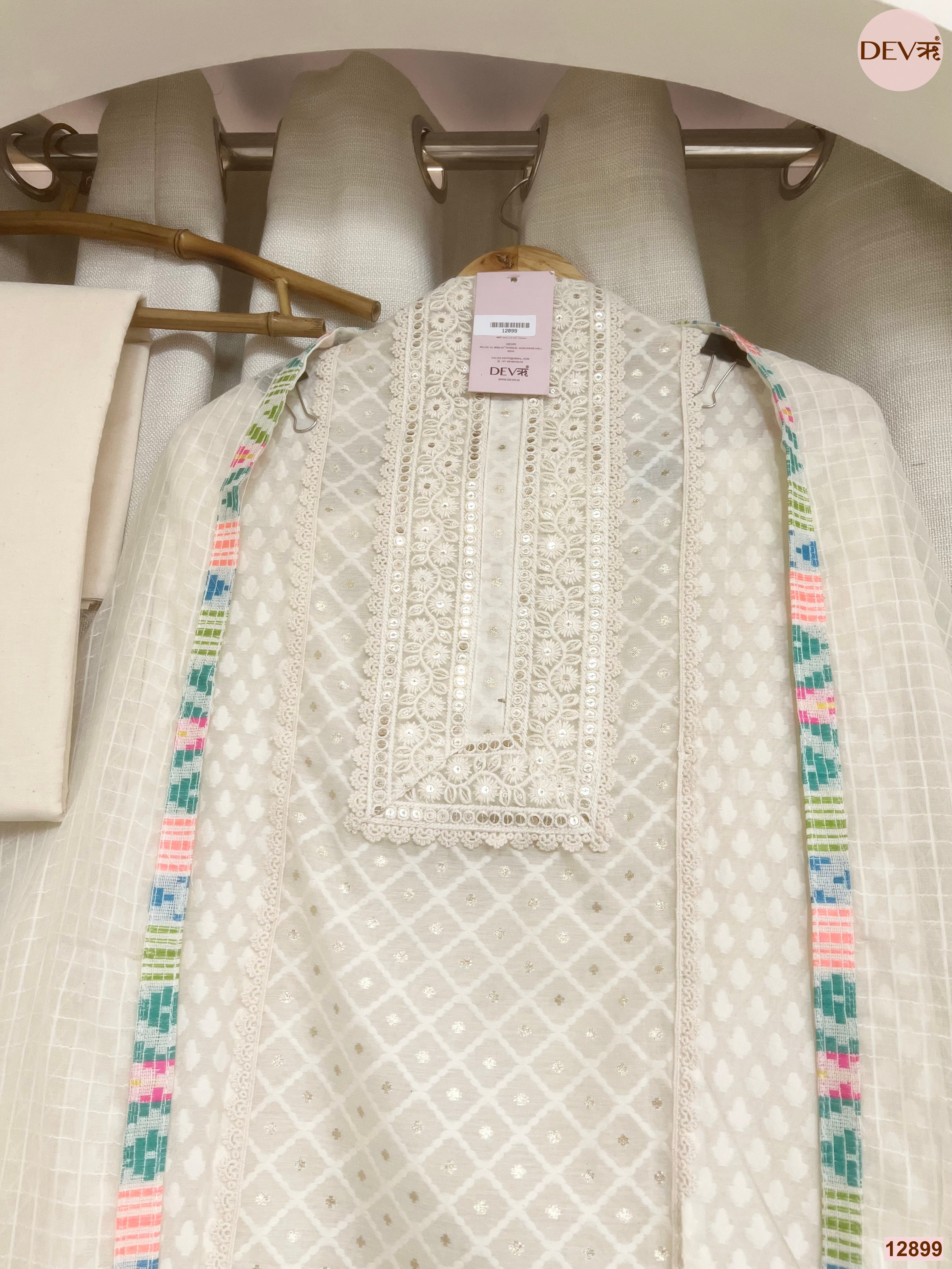 Off White Mul Chanderi Embroidered Unstitched 3-Piece Suit (Devri – D.No 12899)