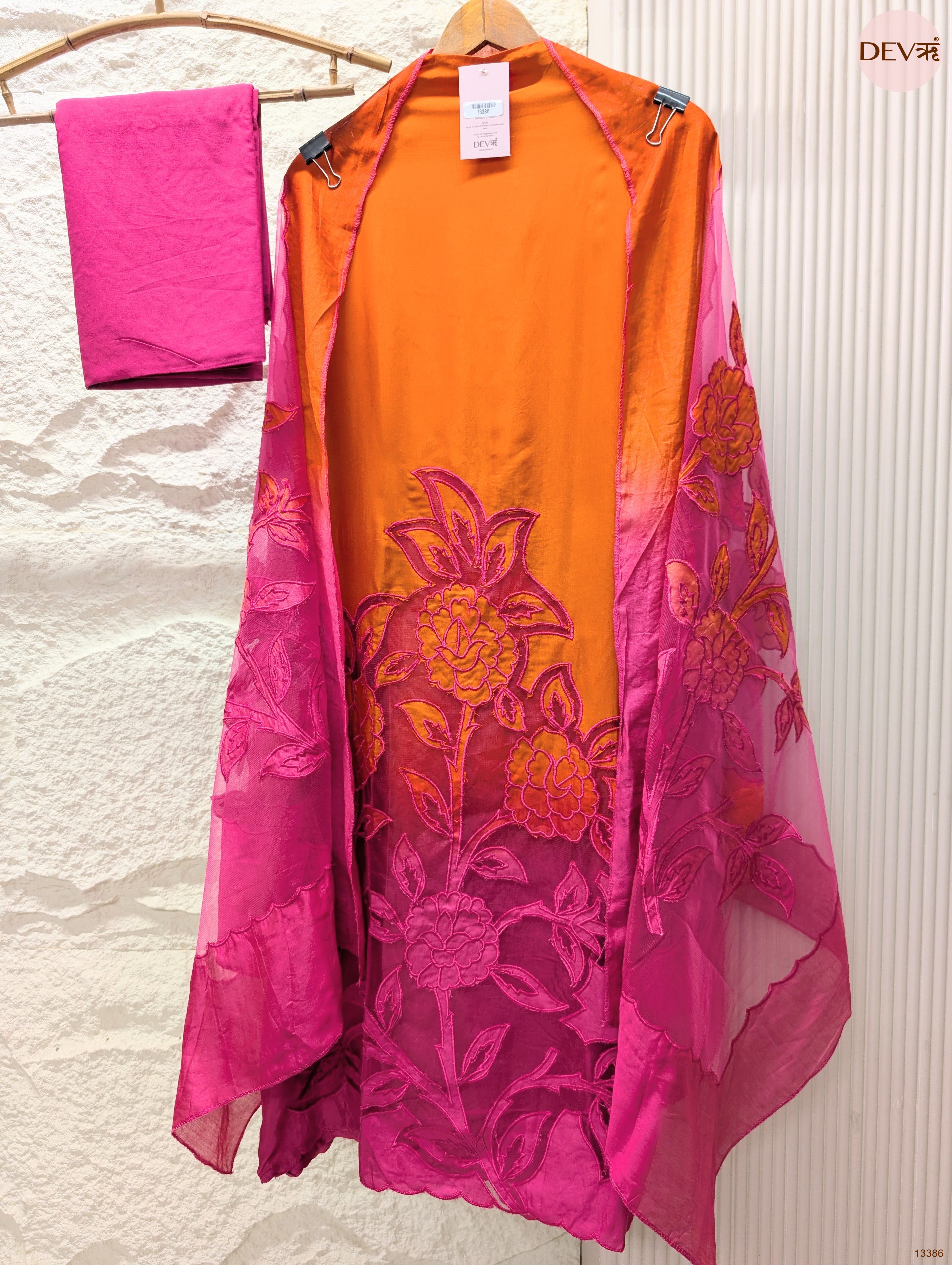 Orange Muslin Embroidered Unstitched 3-Piece Suit (Devri – D.No 13386)