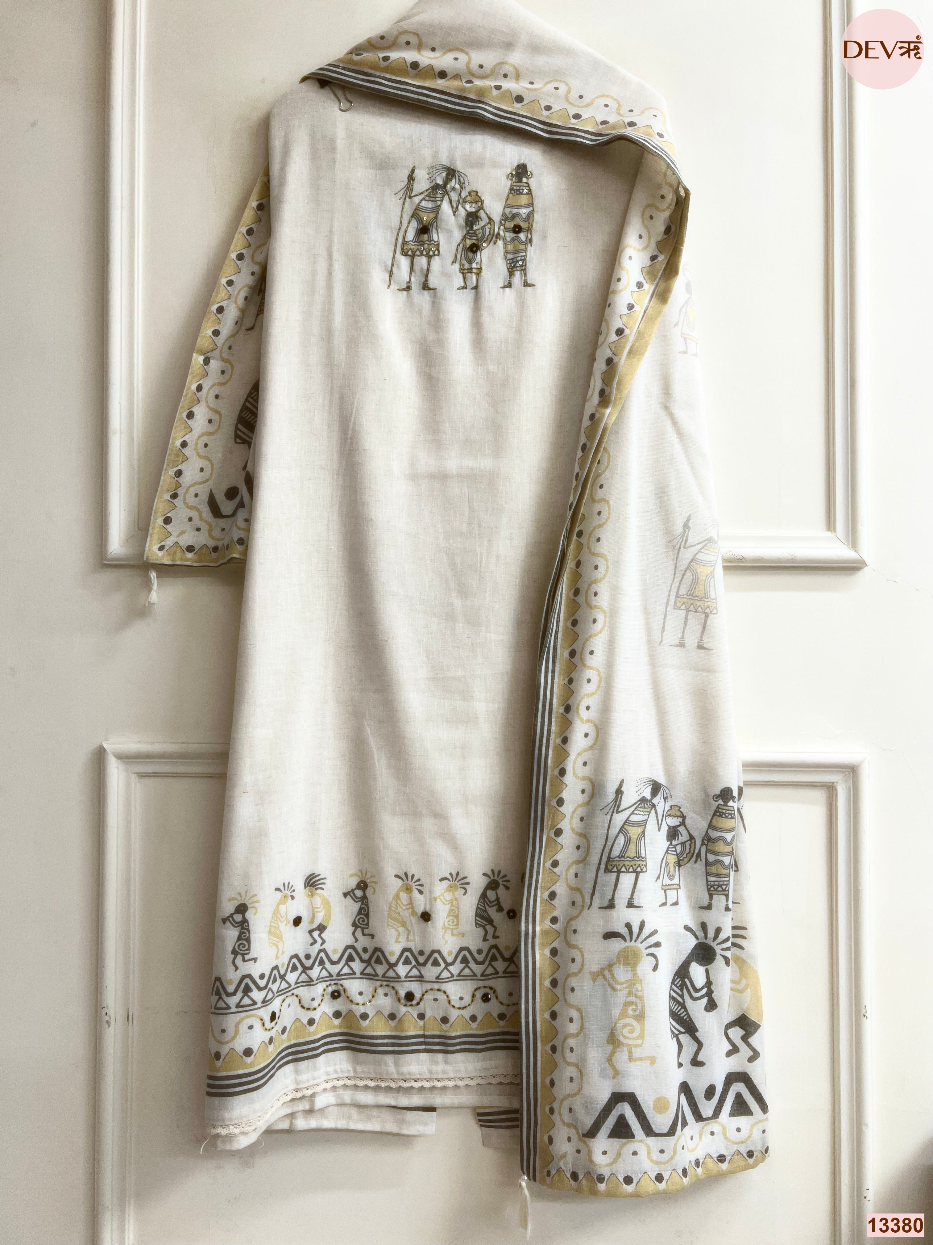 Off White Khadi Cotton Printed Unstitched 3-Piece Suit (Devri – D.No 13380)