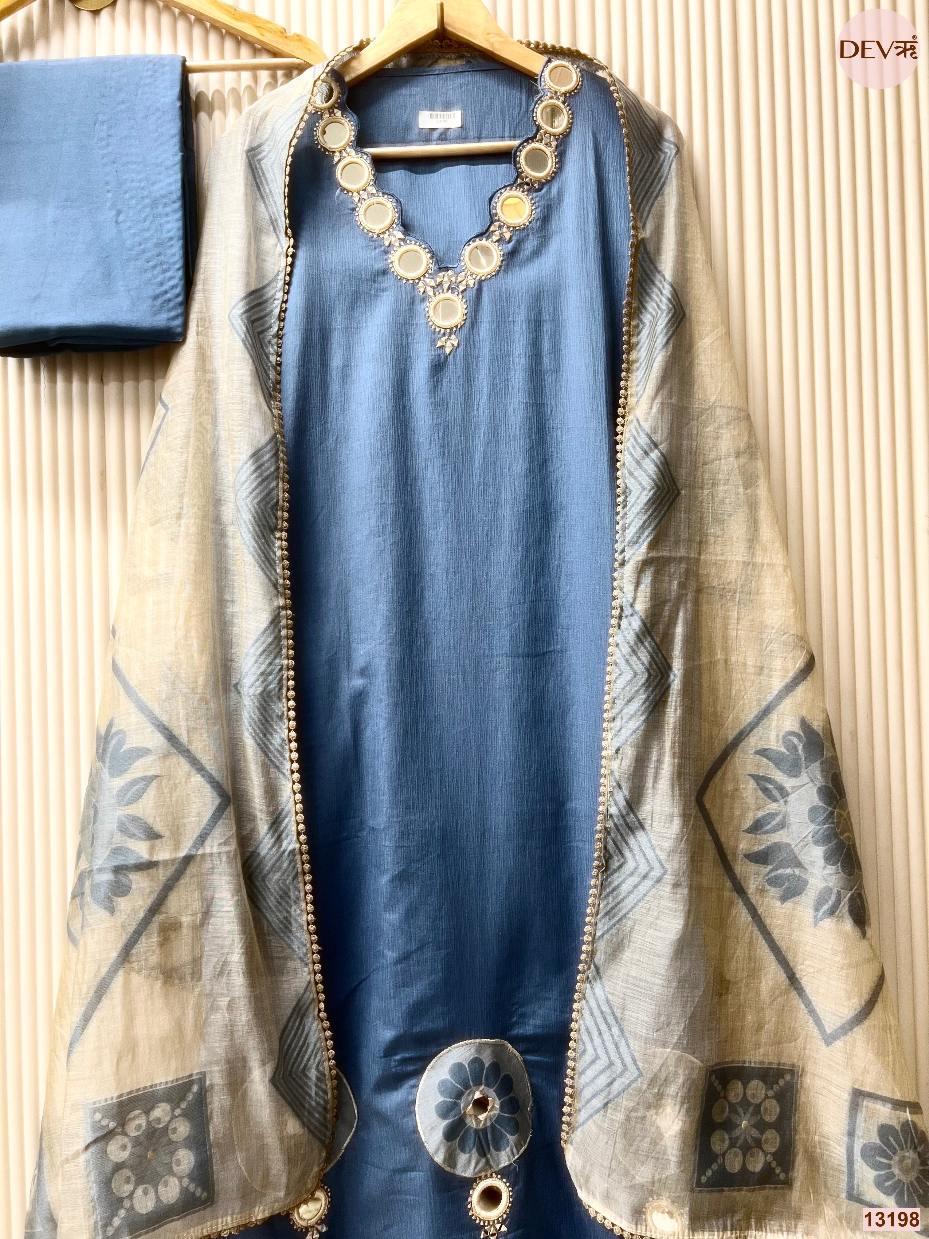 Blue Jamdani Cotton Hand Unstitched 3-Piece Suit (Devri – D.No 13198)