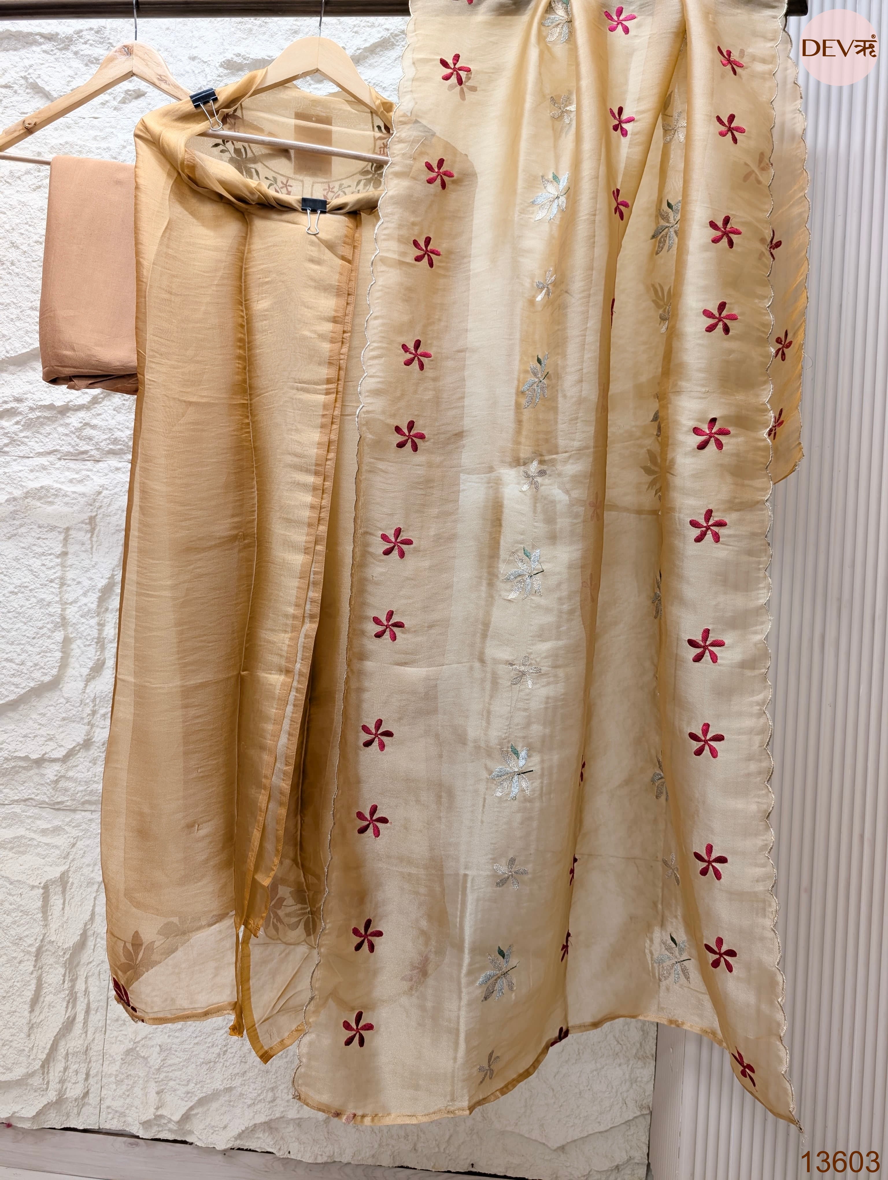 Beige Crush Tissue Silk Embroidered Unstitched 3-Piece Suit (Devri – D.No 13603)