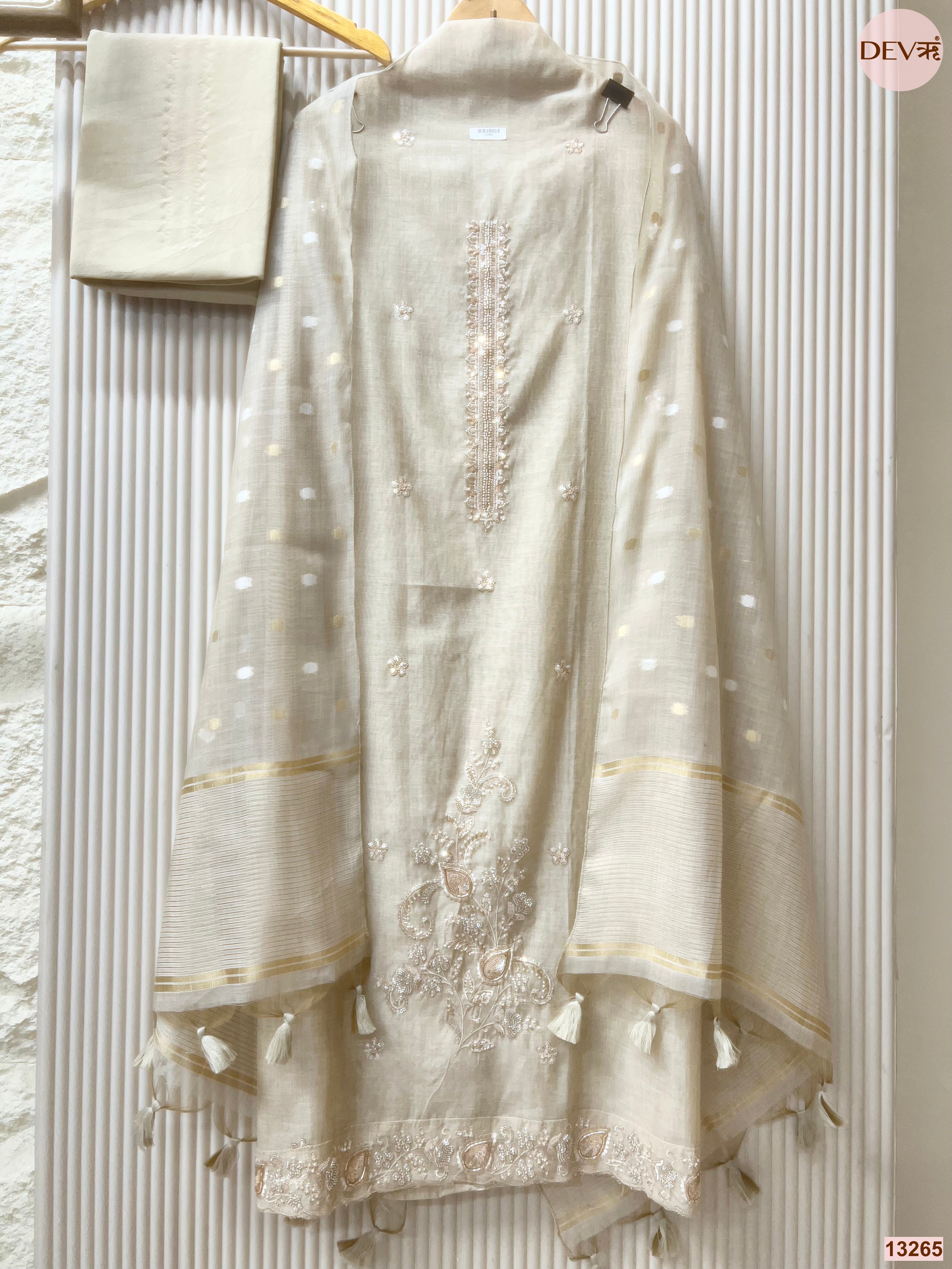 Cream Mul Chanderi Embroidered Unstitched 3-Piece Suit (Devri – D.No 13265)