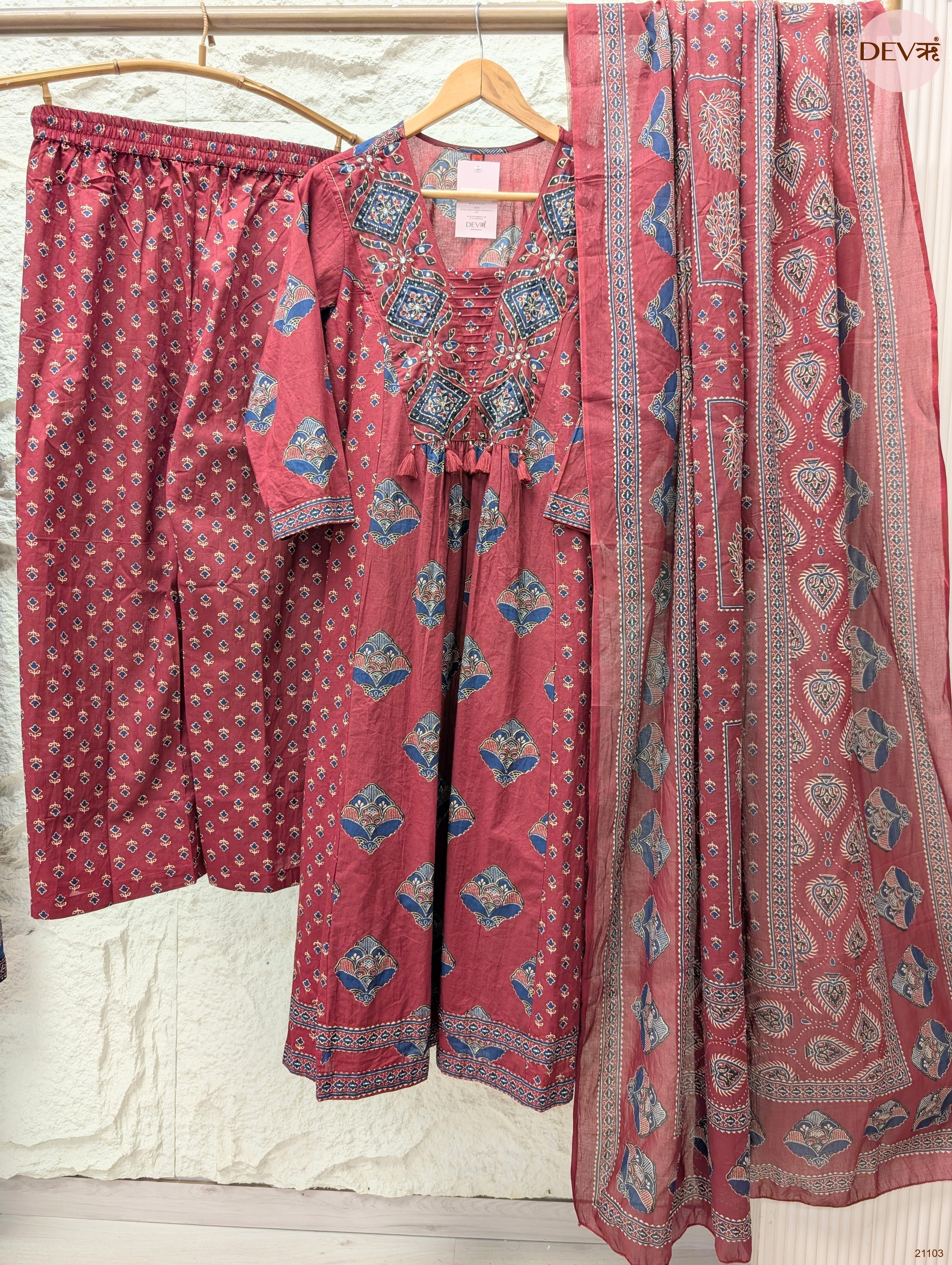 Gulnaar Pure Cotton Printed Maroon 3-Piece Set (Devri – D.No 21103)