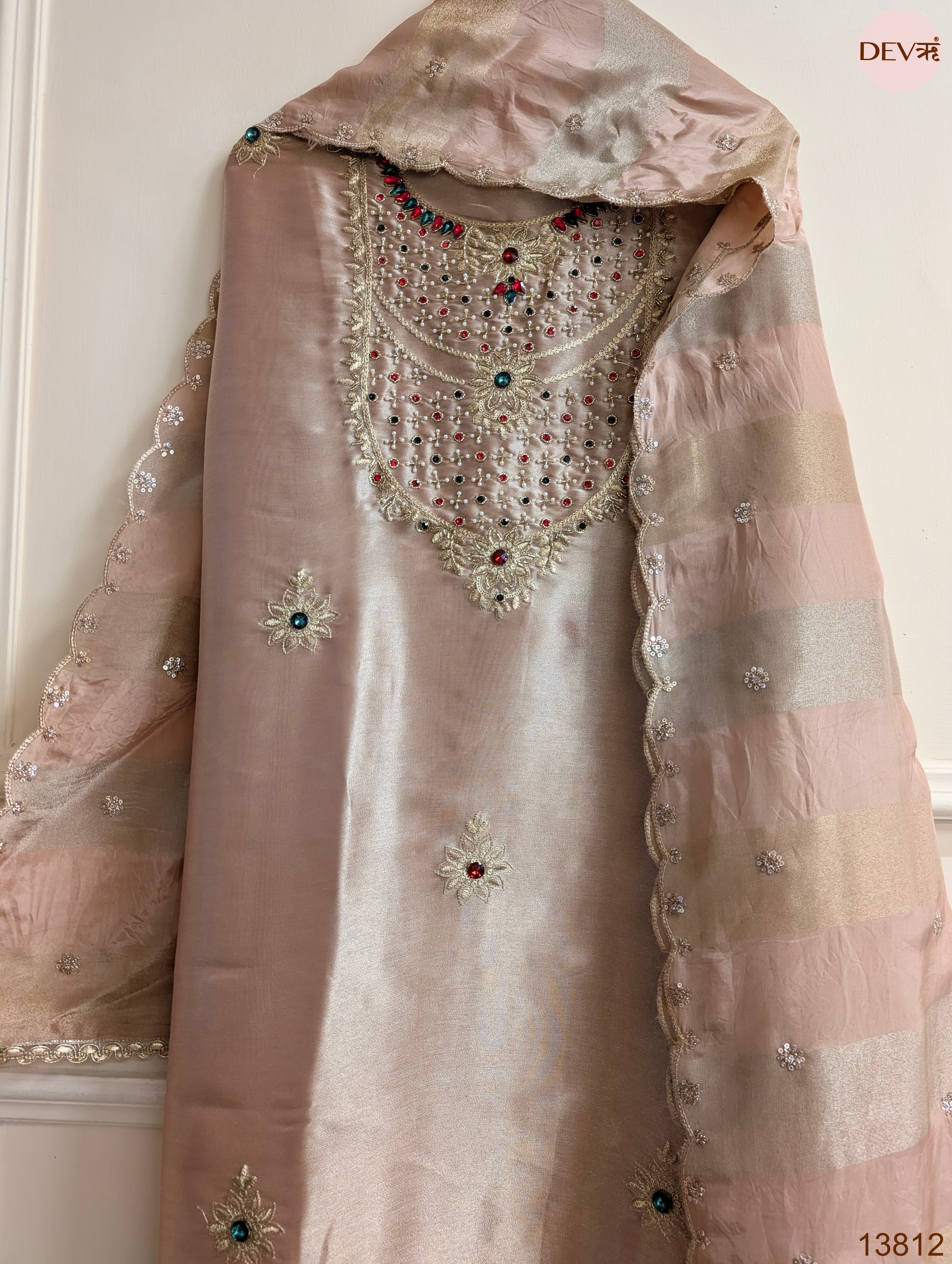 Pink Pure Tissue Giraffe Silk Hand Unstitched 3-Piece Suit (Devri – D.No 13812)