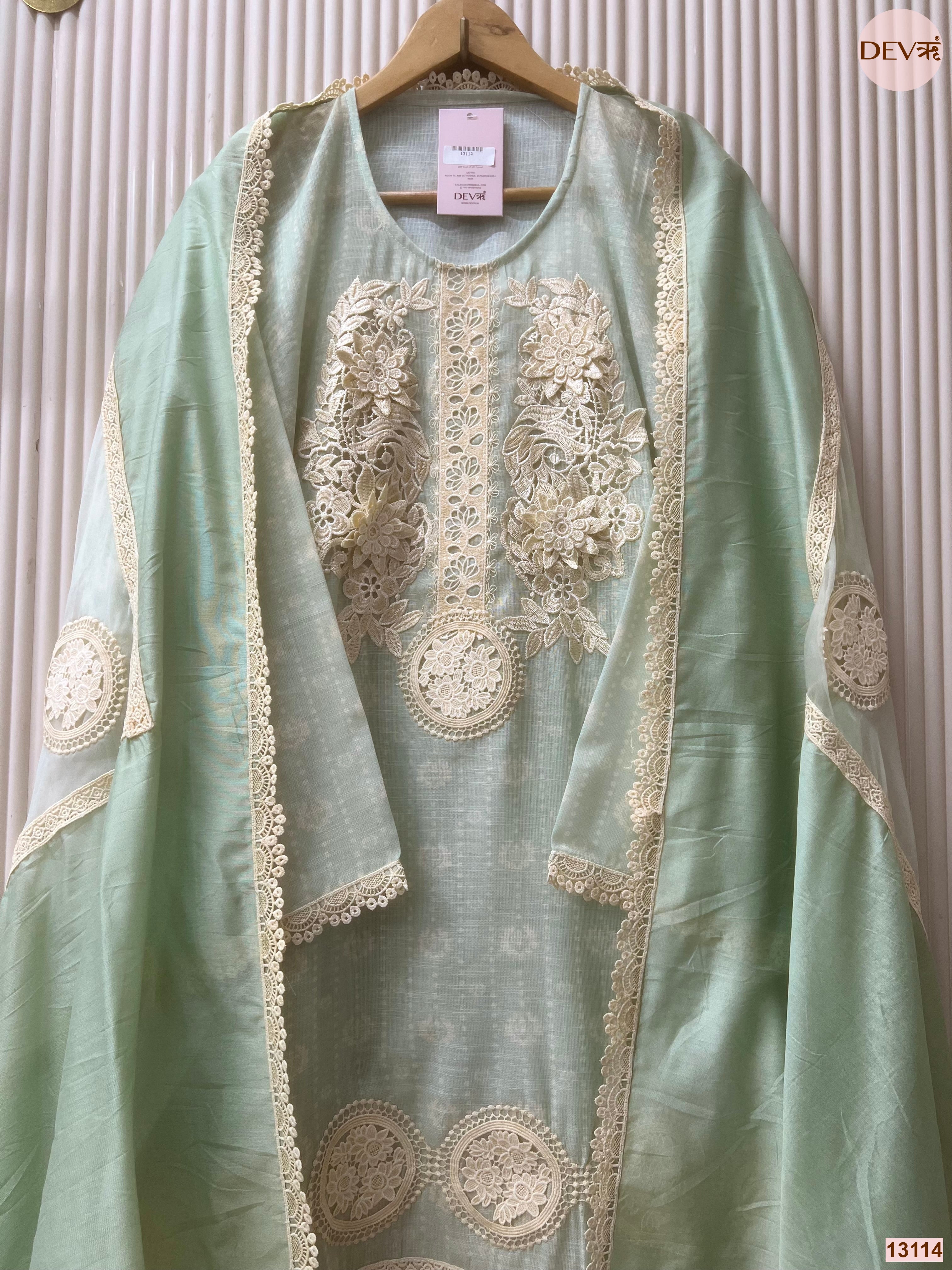 Mint Linen Cotton Embroidered Unstitched 3-Piece Suit (Devri – D.No 13114)