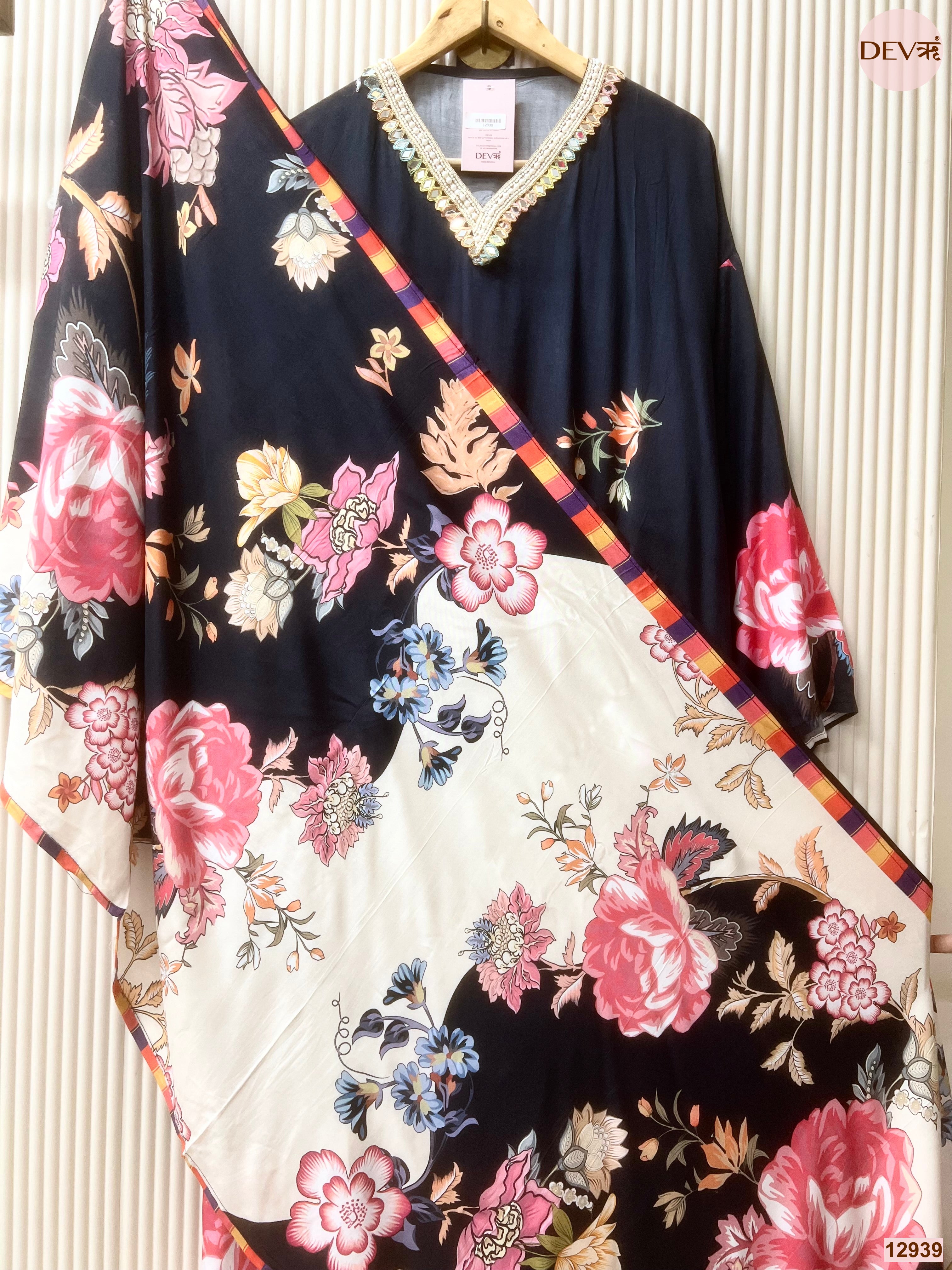 Black Muslin Printed Unstitched 3-Piece Suit (Devri – D.No 12939)