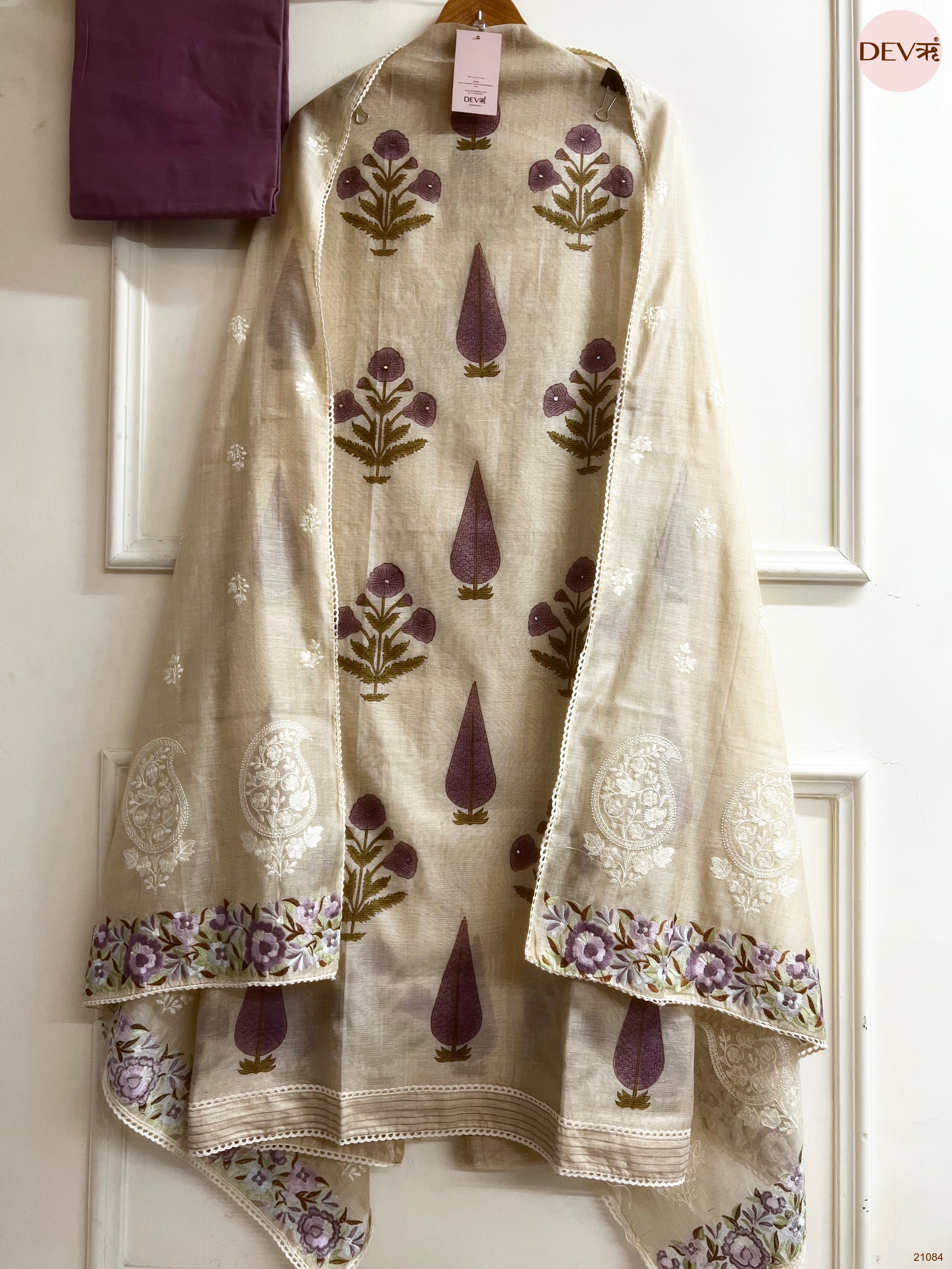 Beige Mul Chanderi Printed Unstitched 3-Piece Suit (Devri – D.No 21084)