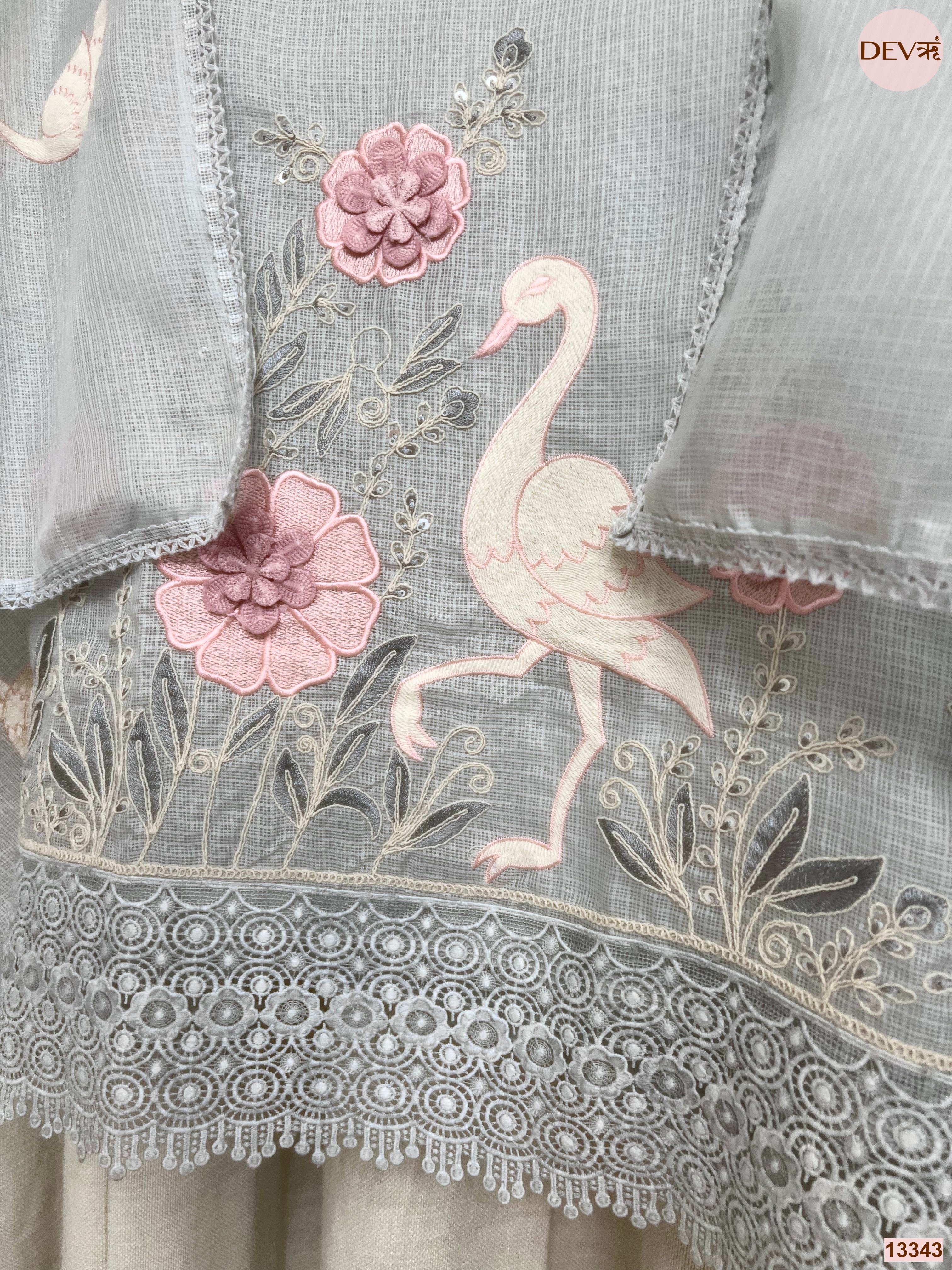 Grey Kota Embroidered Unstitched 3-Piece Suit (Devri – D.No 13343)