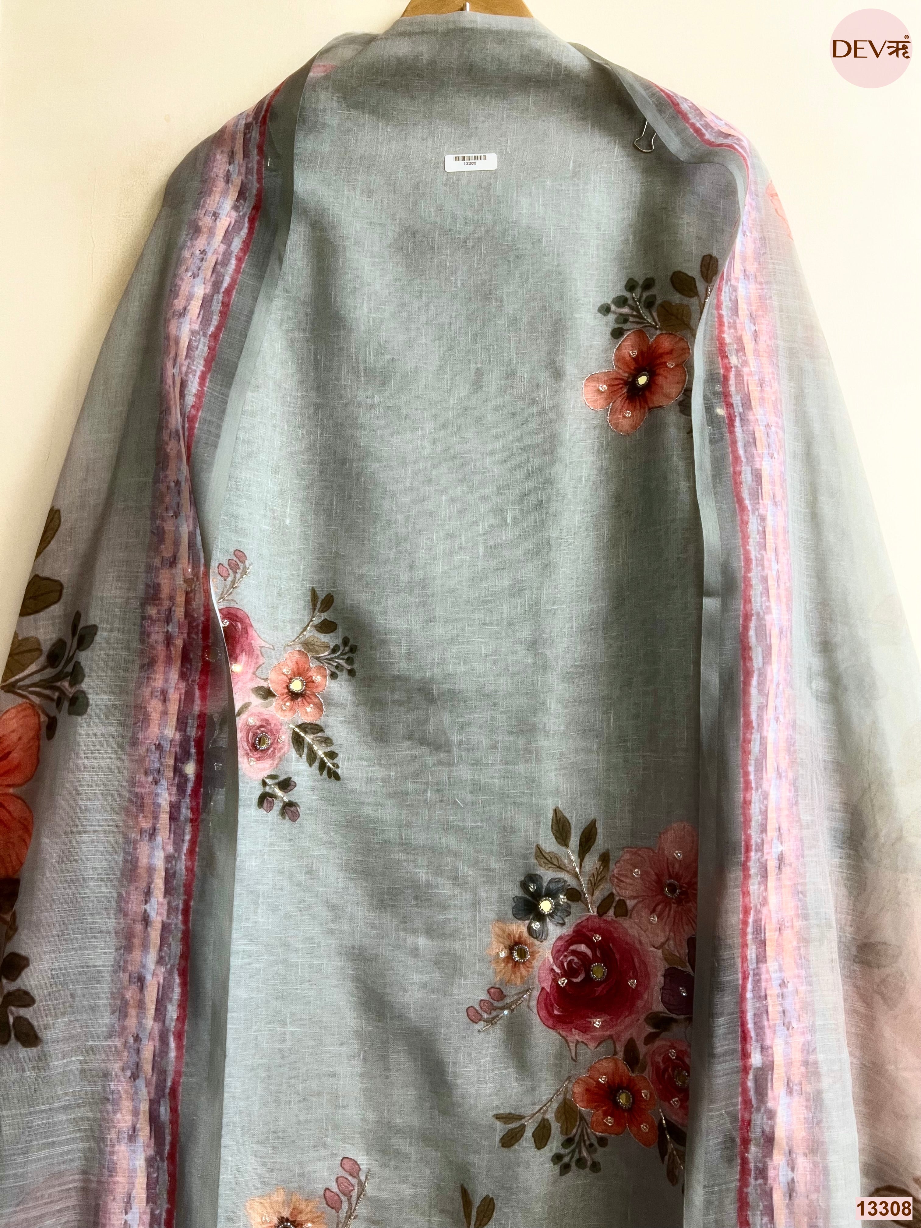Grey Linen Cotton Printed Unstitched 3-Piece Suit (Devri – D.No 13308)