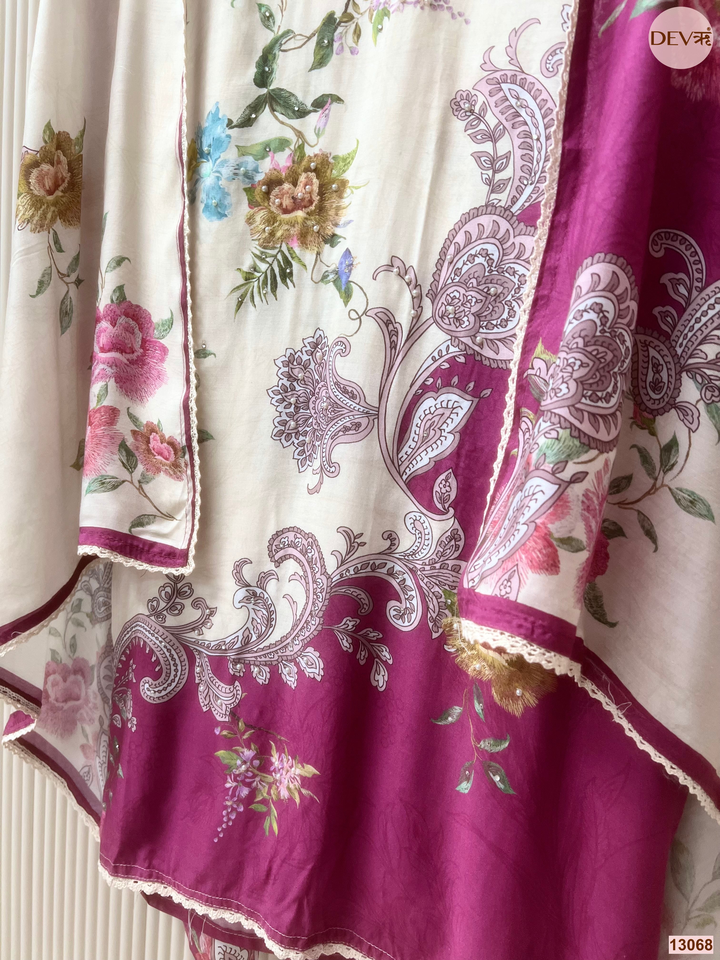 Cream Muslin Printed Unstitched 3-Piece Suit (Devri – D.No 13068)