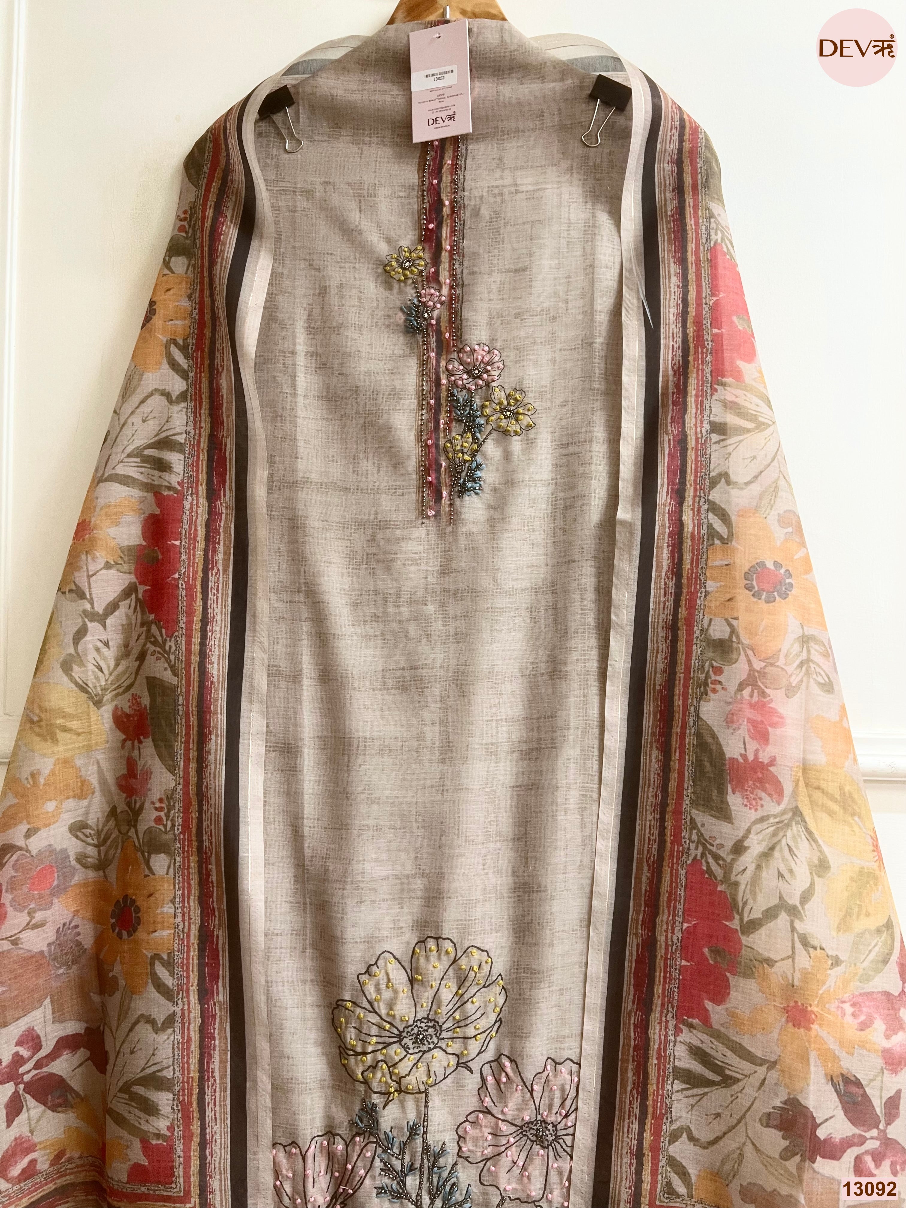 Beige Mul Chanderi Printed Unstitched 3-Piece Suit (Devri – D.No 13092)