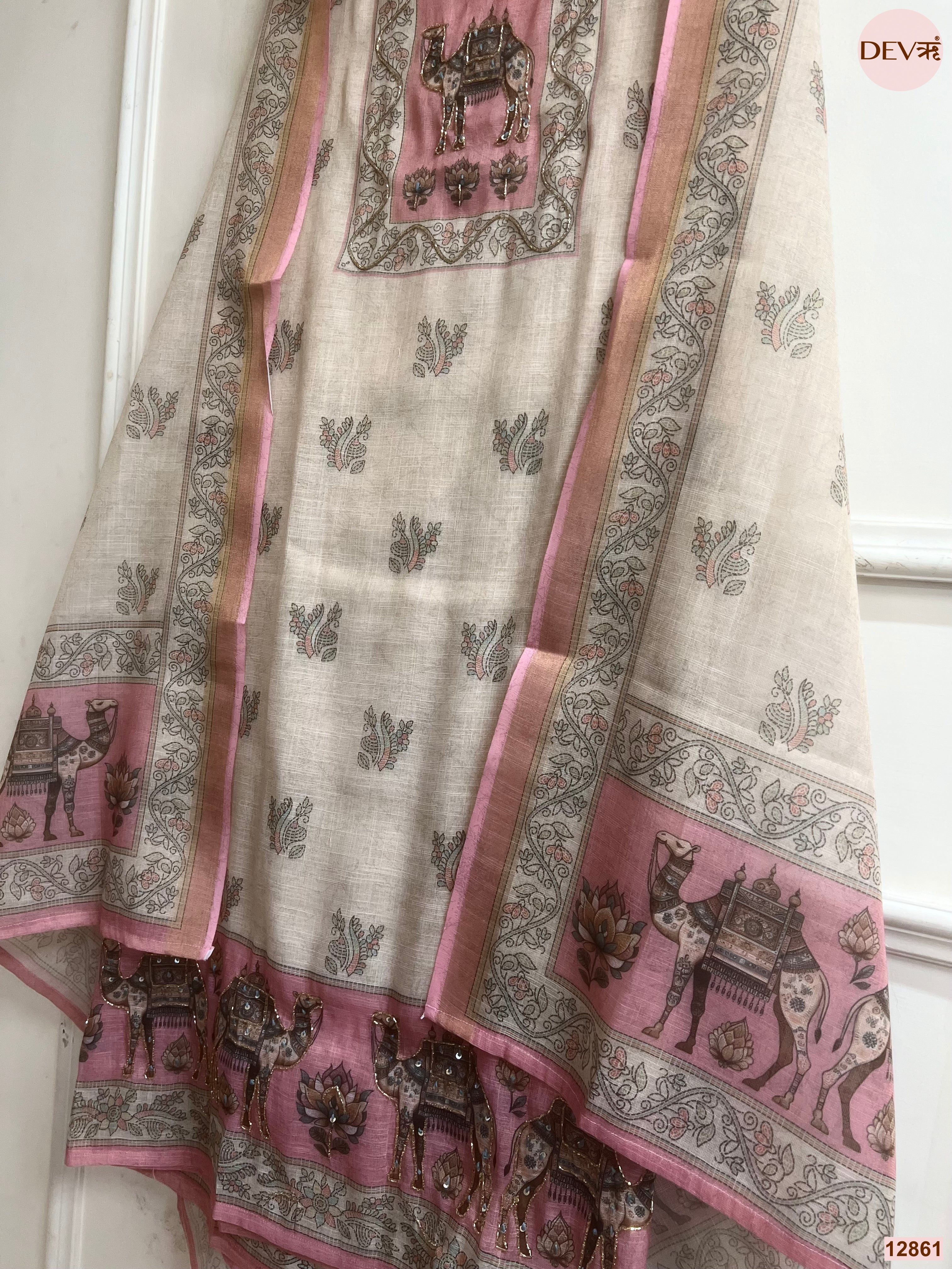 Pink Linen Cotton Printed Unstitched 3-Piece Suit (Devri – D.No 12861)