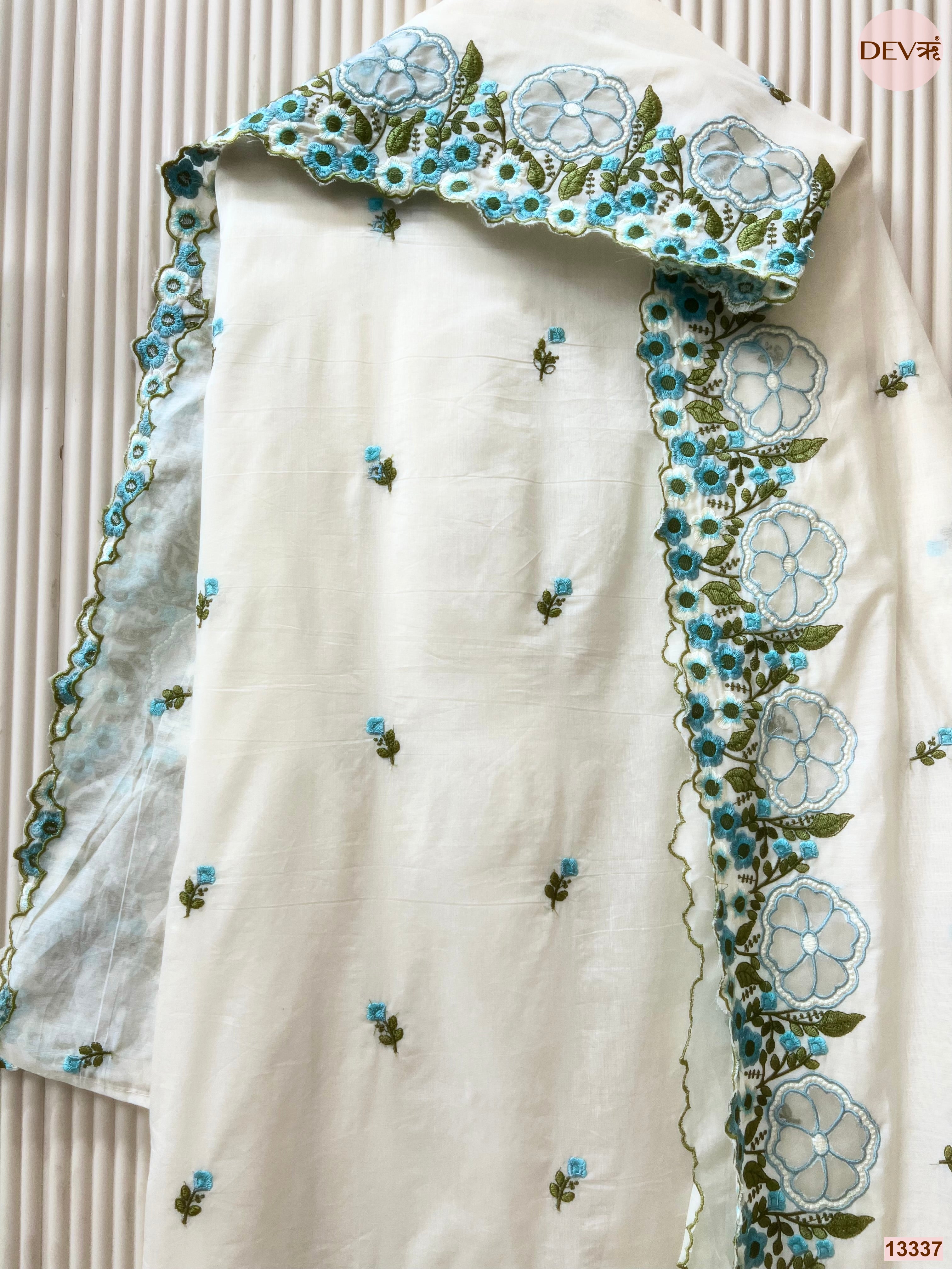 White Mul Chanderi Embroidered Unstitched 3-Piece Suit (Devri – D.No 13337)