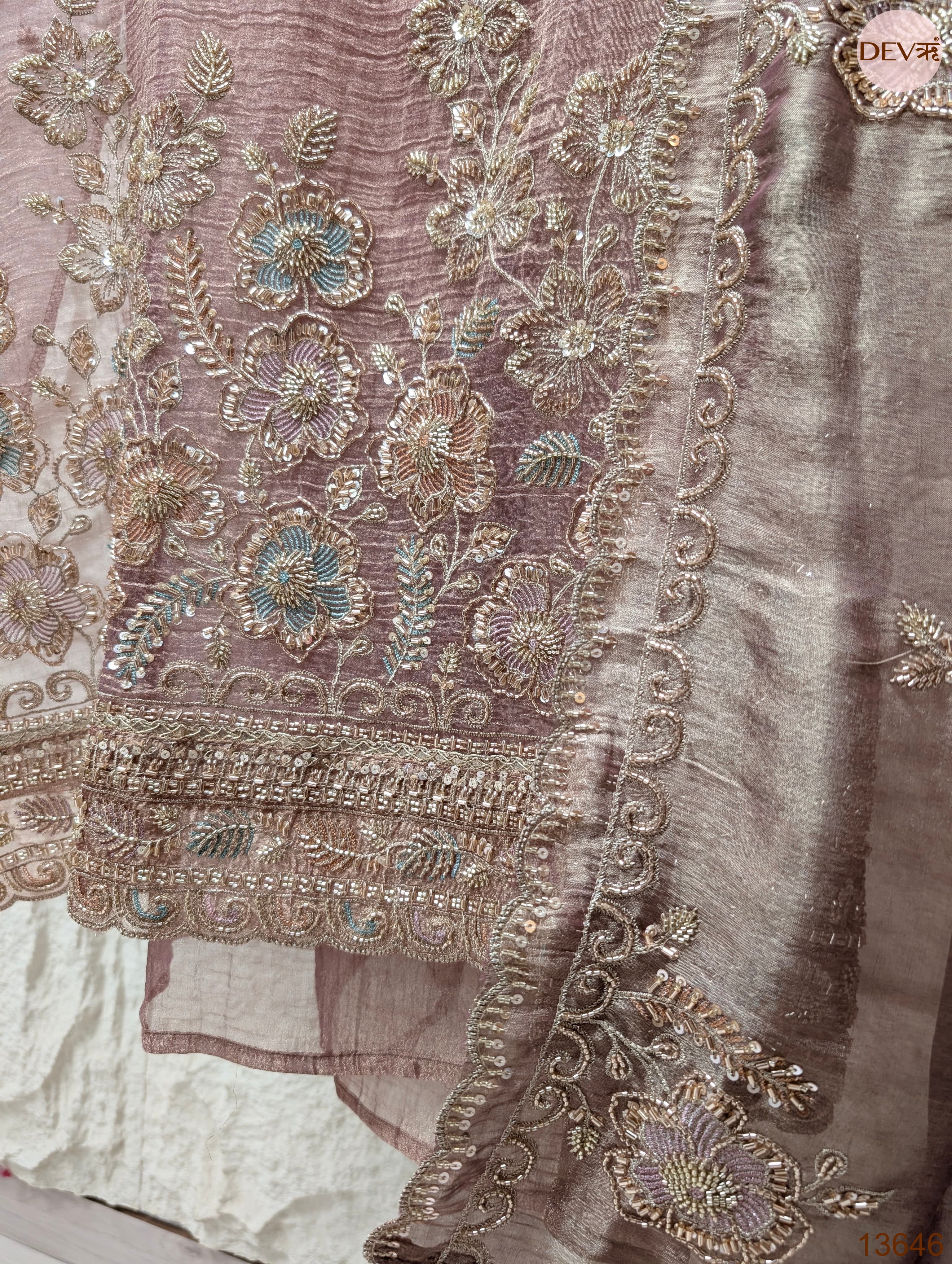 Mauve Tissue Crush Silk Embroidered Unstitched 3-Piece Suit (Devri – D.No 13646)