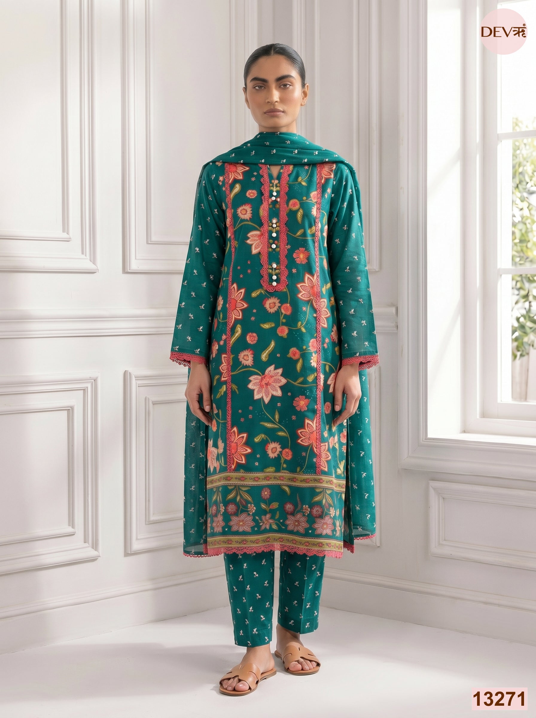 Teal Cotton Printed Unstitched 3-Piece Suit (Devri – D.No 13271)