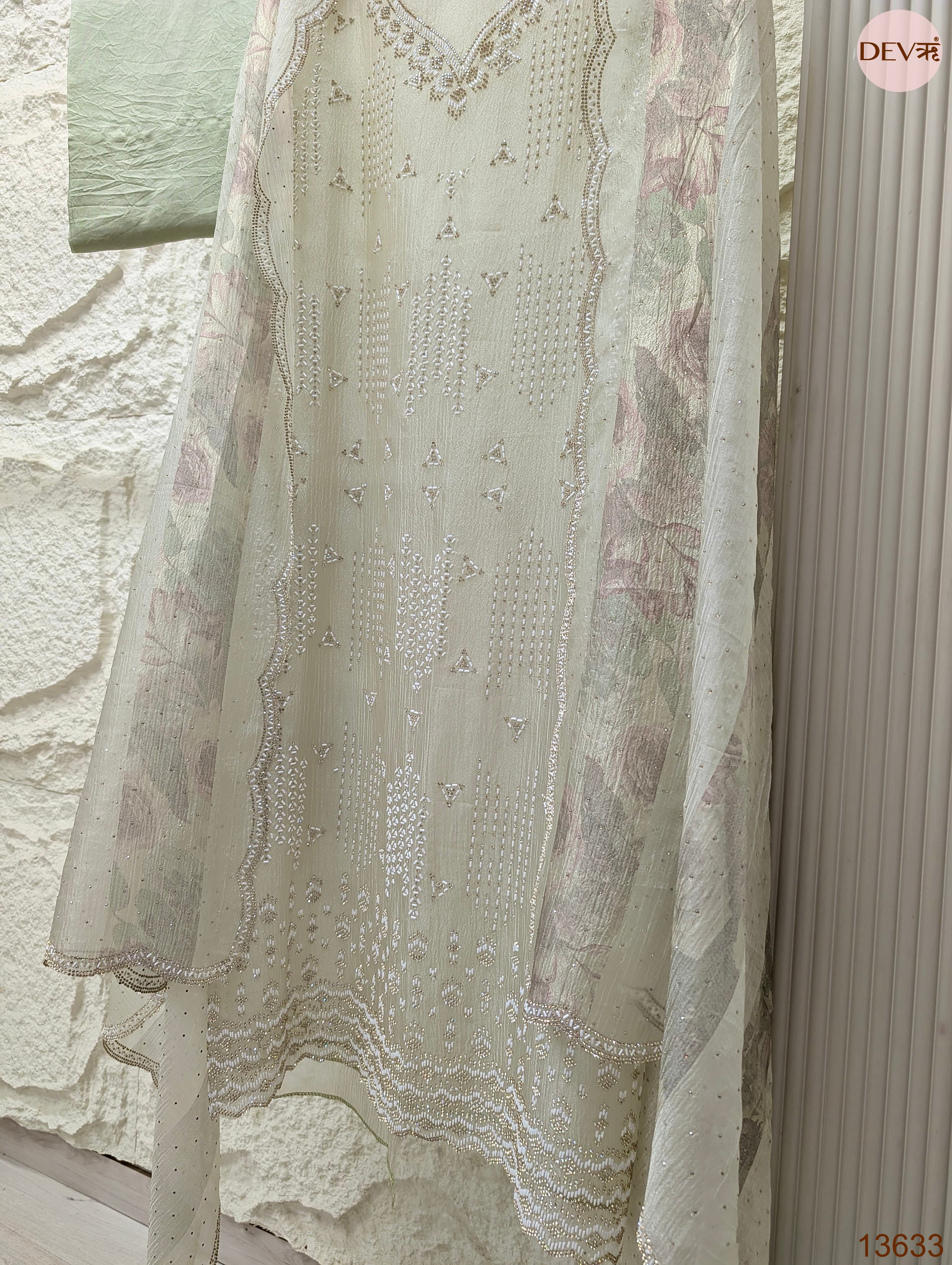 Sage Pure Crush Silk Embroidered Unstitched 3-Piece Suit (Devri – D.No 13633)
