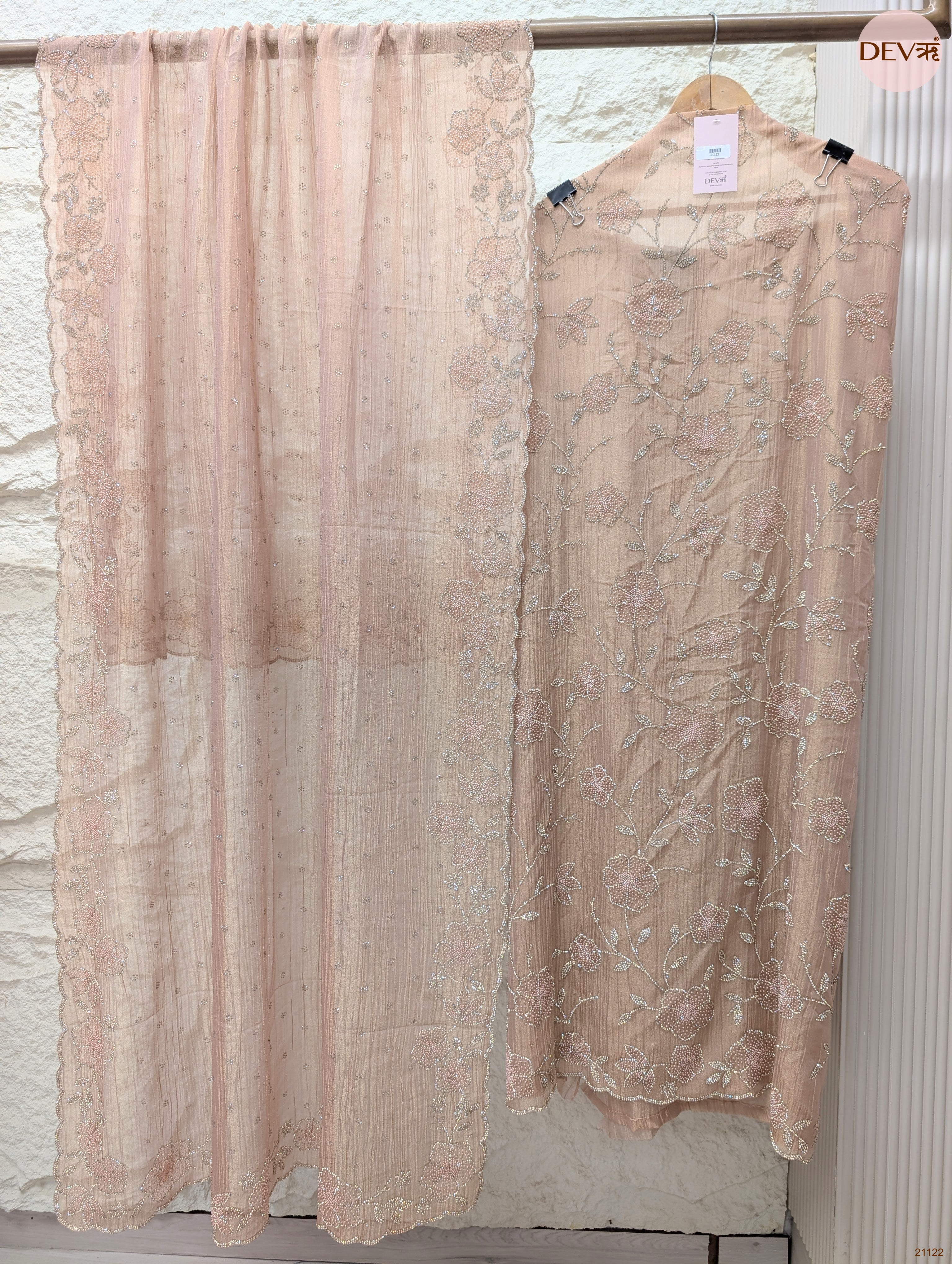 Peach Pure Tissue Crush Silk Embroidered Unstitched 3-Piece Suit (Devri – D.No 21122)